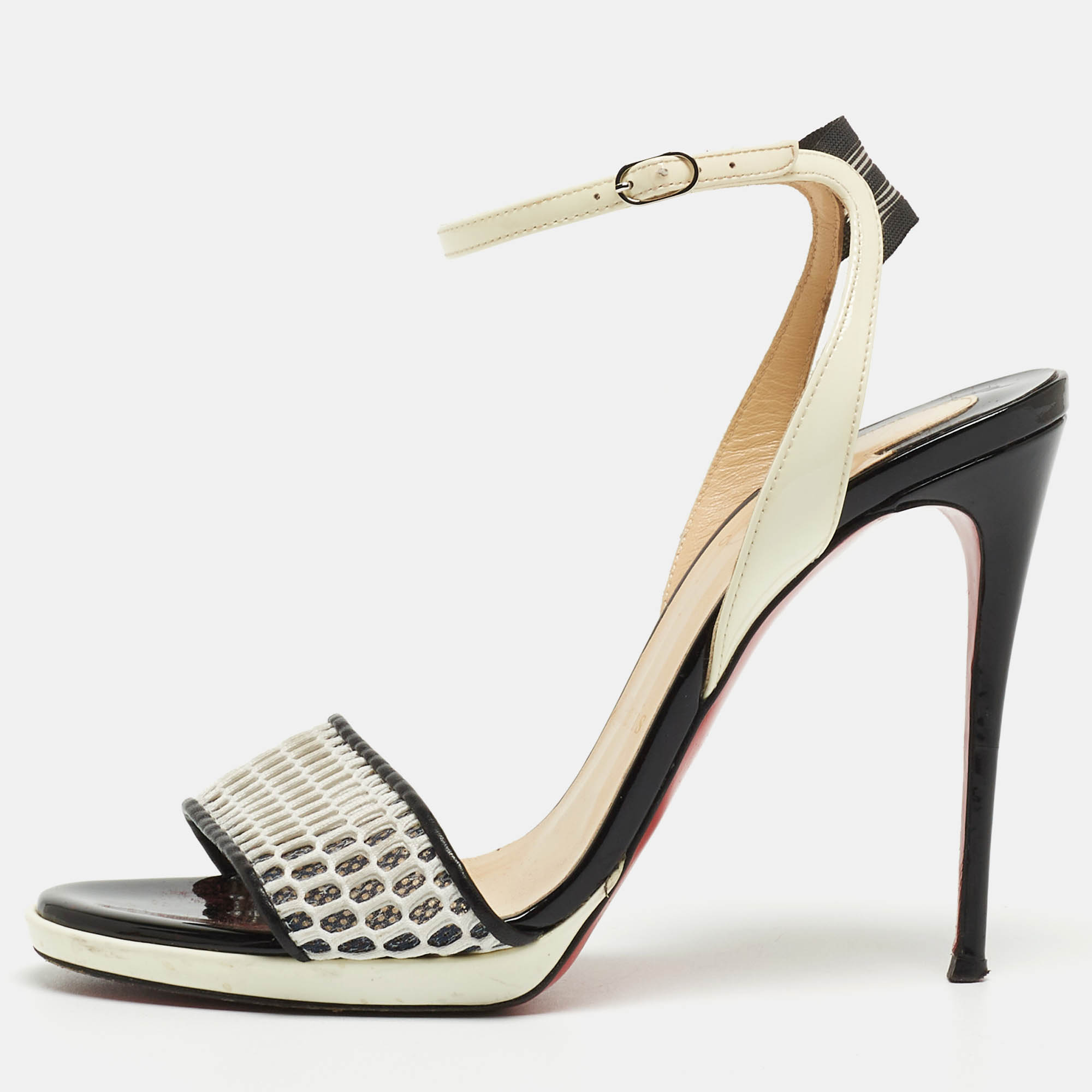 

Christian Louboutin Two Tone Mesh and Patent Leather Discoport Sandals Size, White