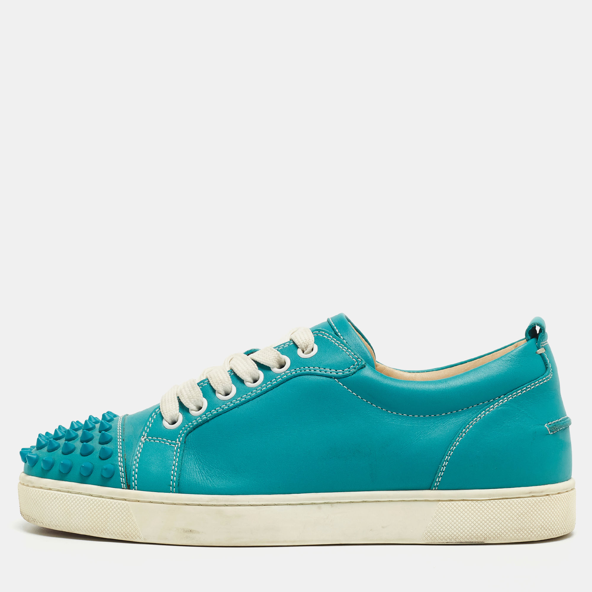 Pre-owned Christian Louboutin Turquoise Leather Louis Junior Spikes Sneakers Size 38 In Blue