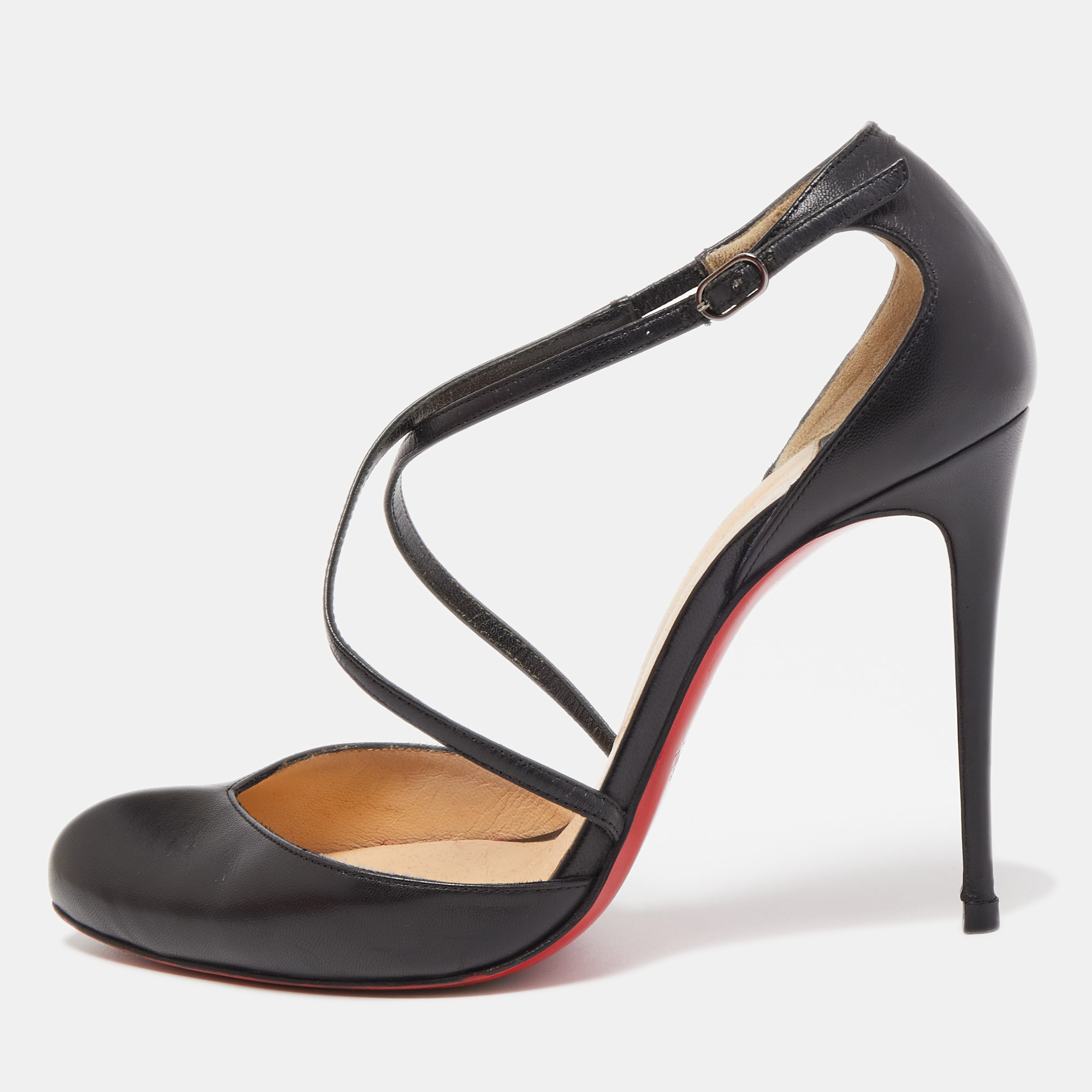 Pre-owned Christian Louboutin Black Leather Cross Ankle Strap Pumps Size 37