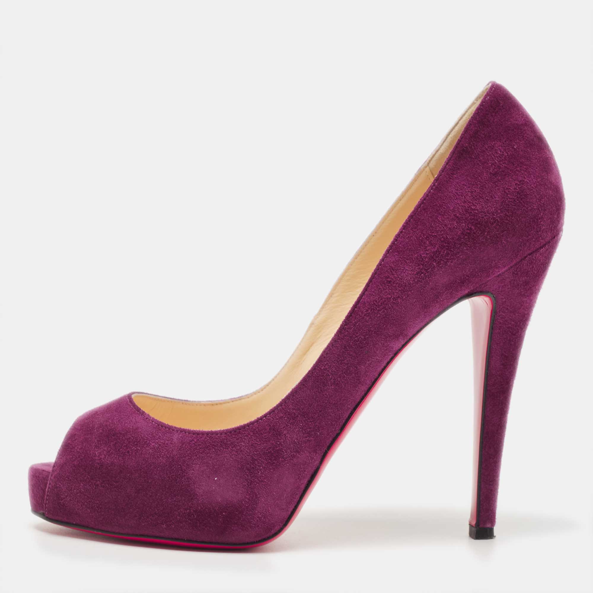 Pre-owned Christian Louboutin Purple Suede Very Prive Platform Peep Toe Pumps Size 37.5