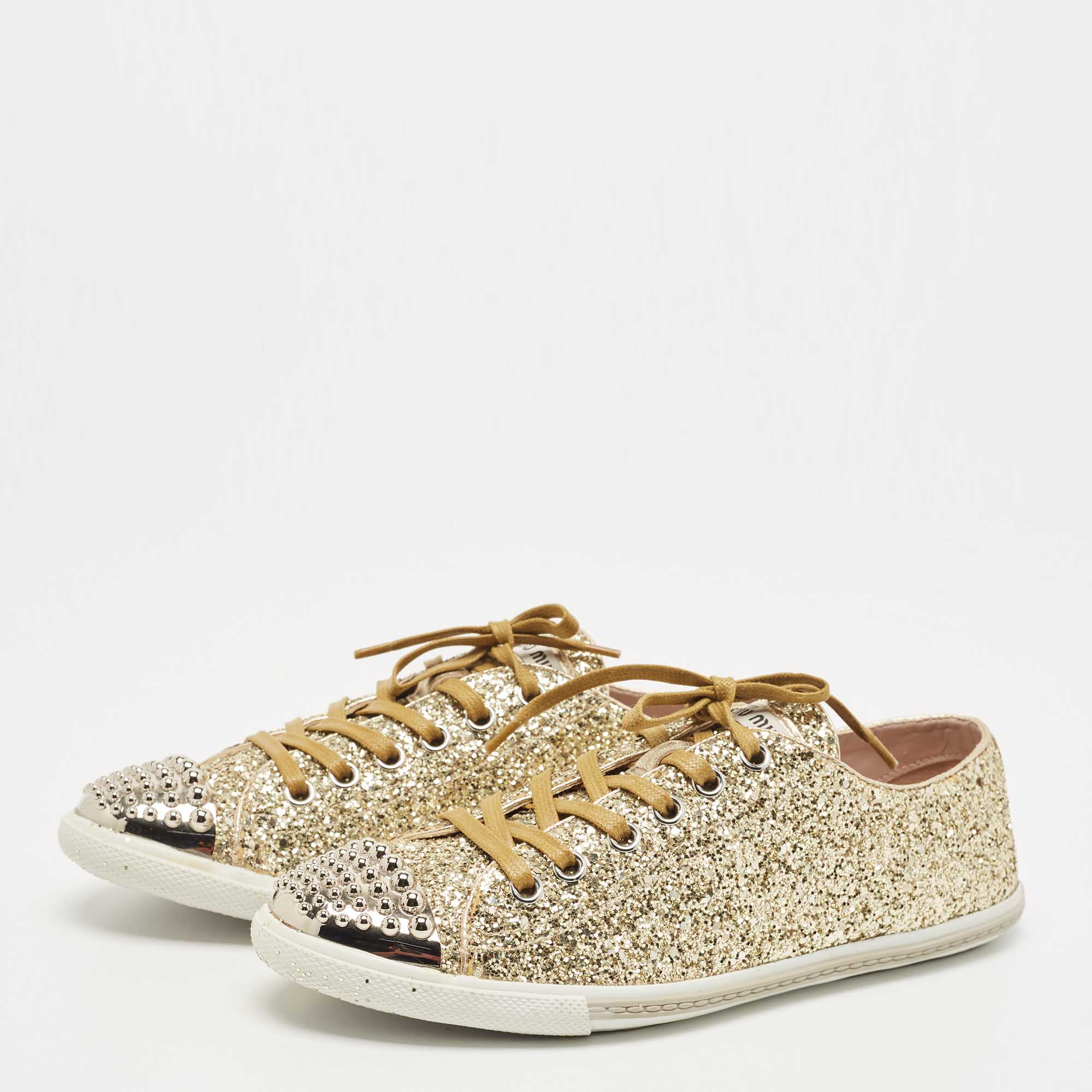

Miu Miu Metallic Gold Glitter Studded Cap Toe Lace Up Sneakers Size