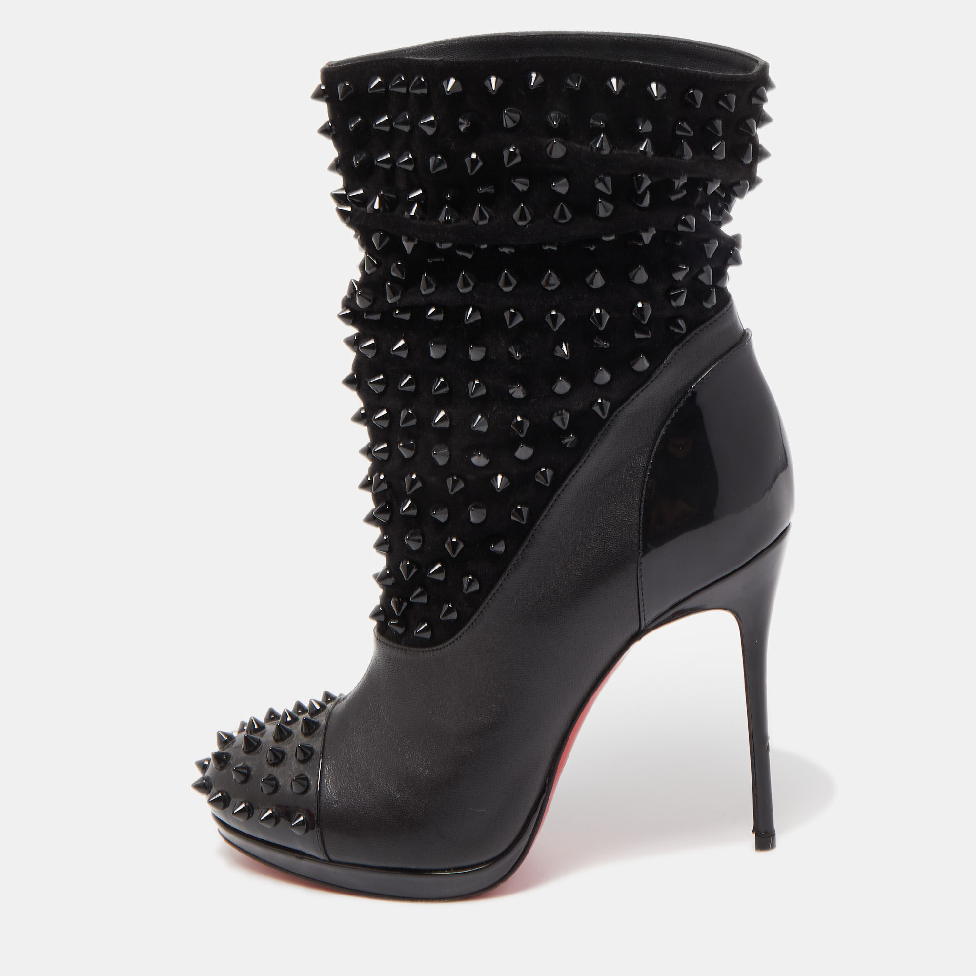 Pre-owned Christian Louboutin Black Patent Leather And Suede Spike Wars Ankle Boots Size 36