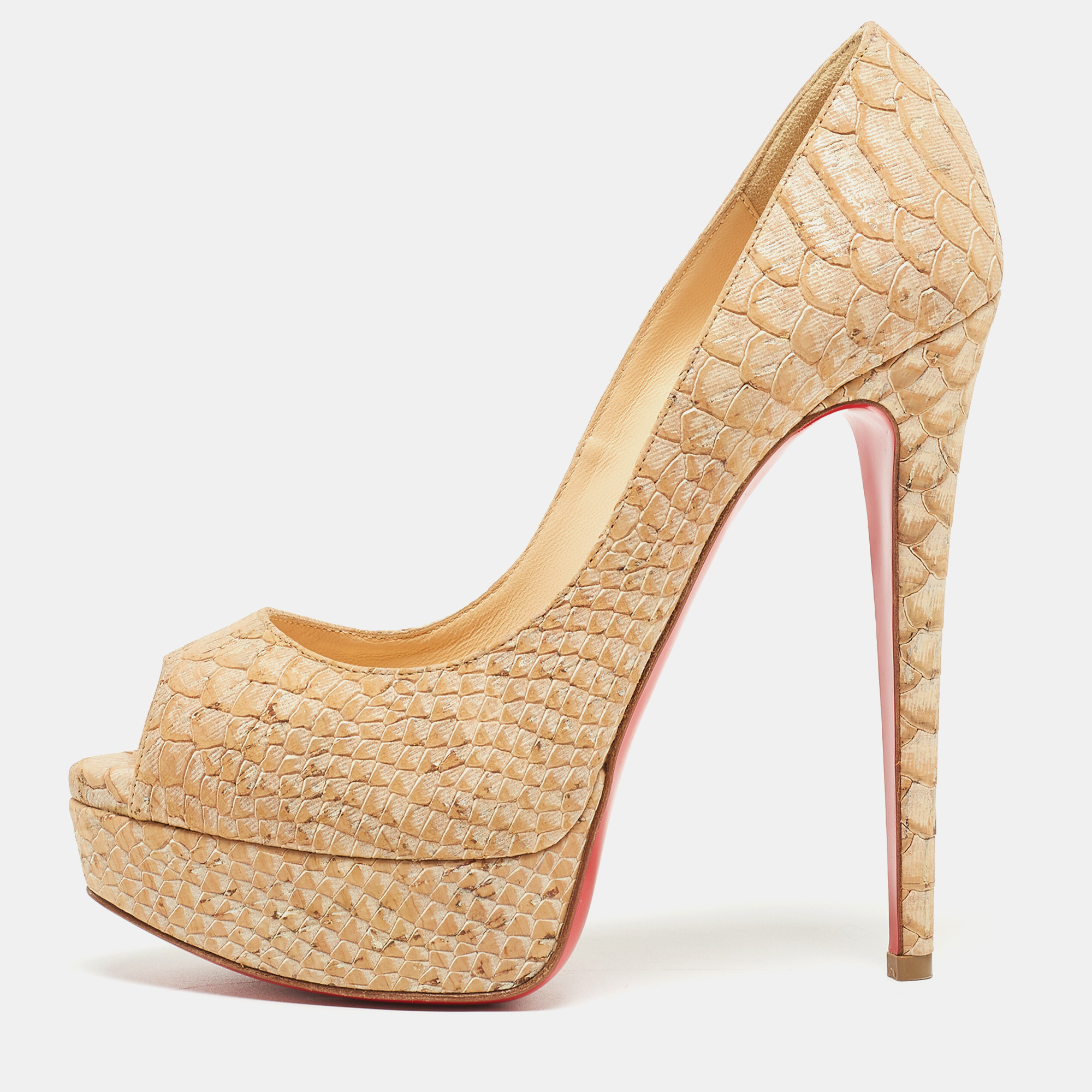 Pre-owned Christian Louboutin Two Tone Python Embossed Leather Lady Peep Pumps Size 36 In Beige