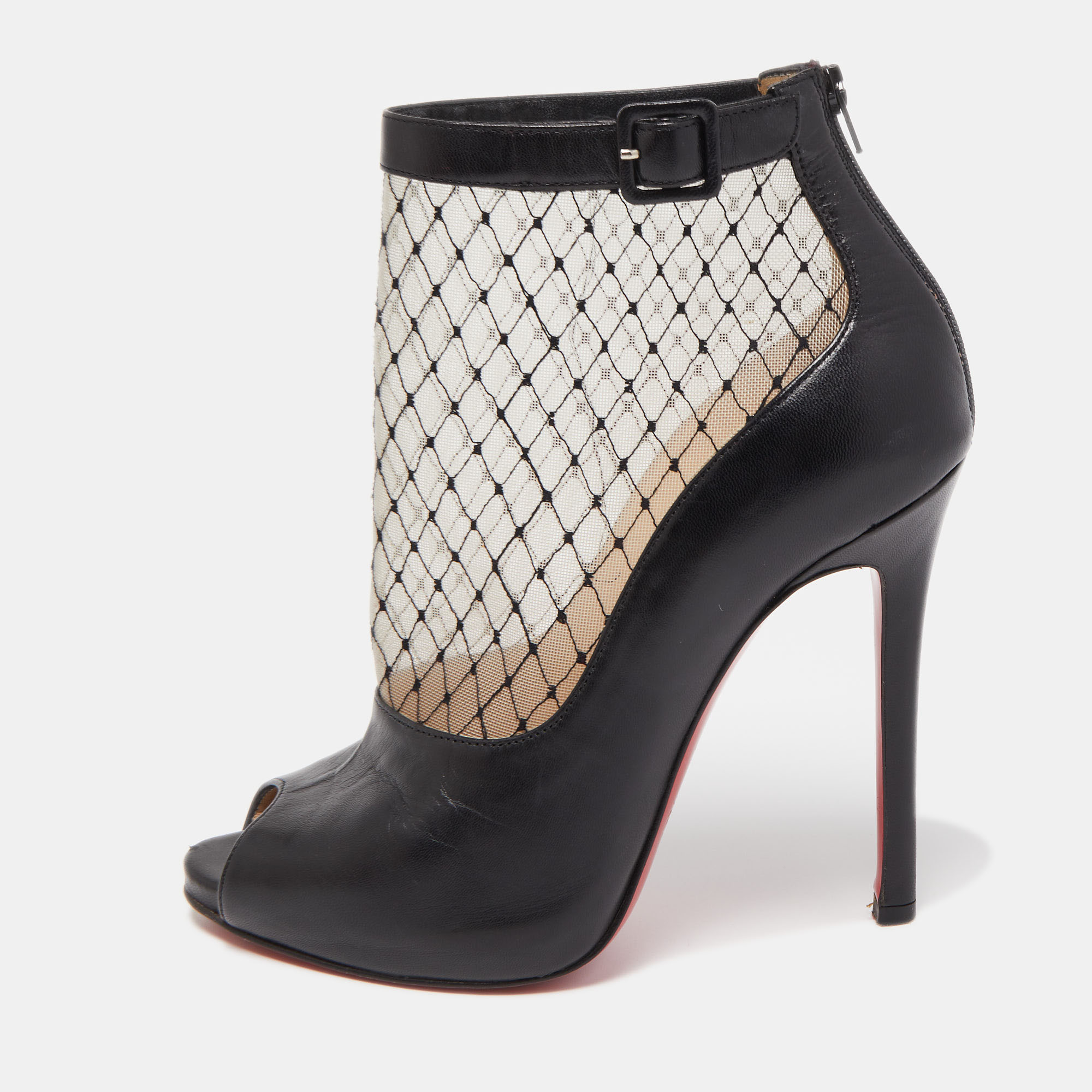 Pre-owned Christian Louboutin Black/beige Mesh And Leather Ankle Boots Size 36