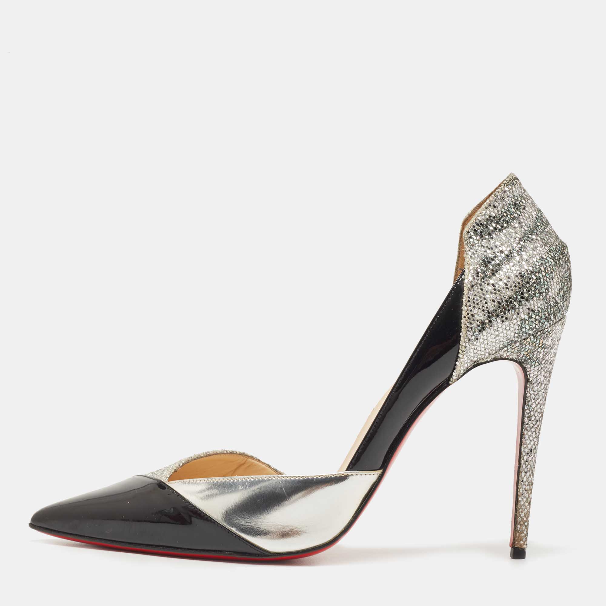 Pre-owned Christian Louboutin Silver/black Patent And Glitter Tac Clac Pumps Size 38.5