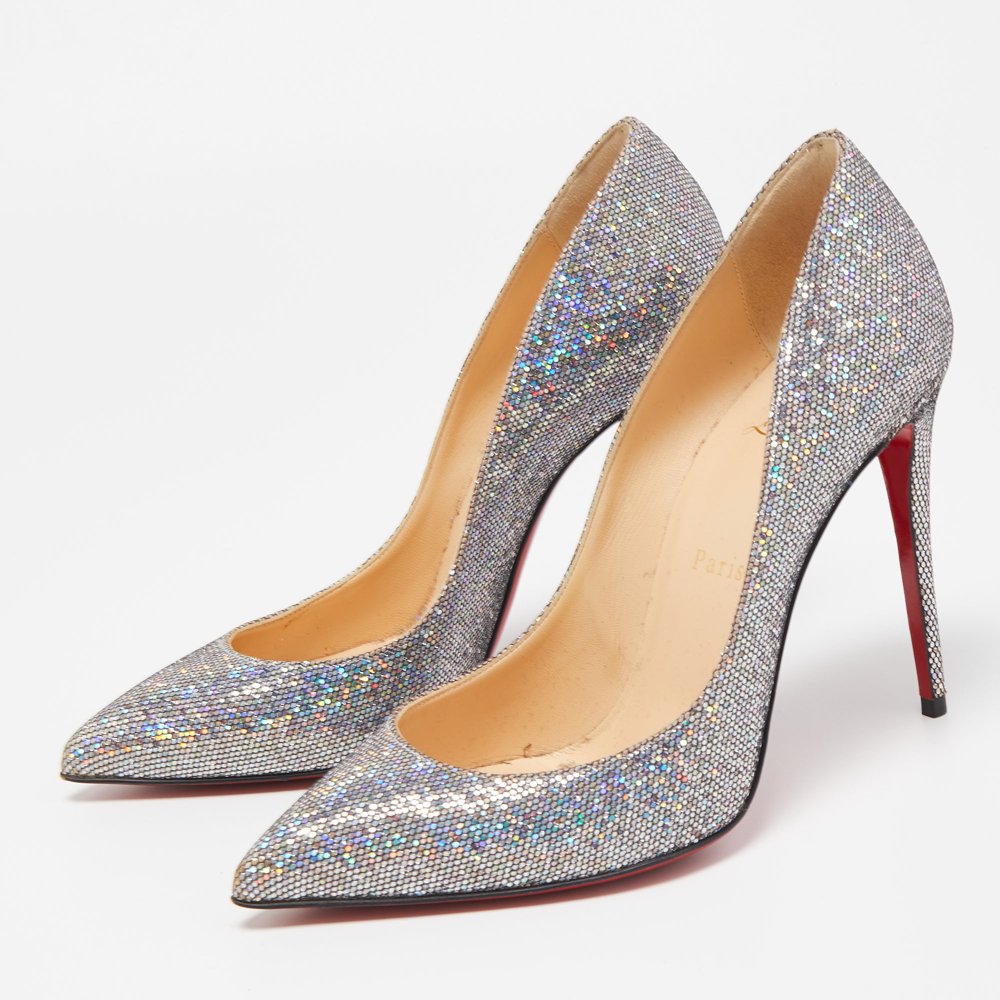 

Christian Louboutin Silver Glitter Pigalle Follies Pumps Size