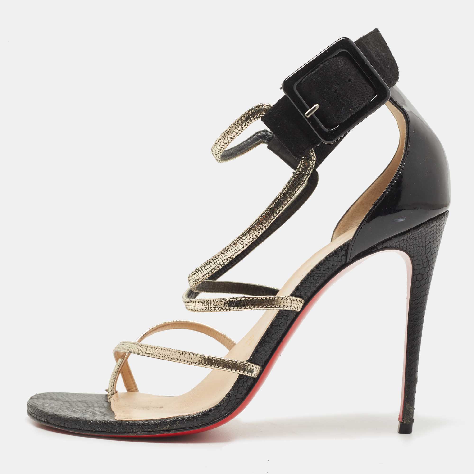 Pre-owned Christian Louboutin Black/gold Leather And Suede Ankle Strap Sandals Size 38