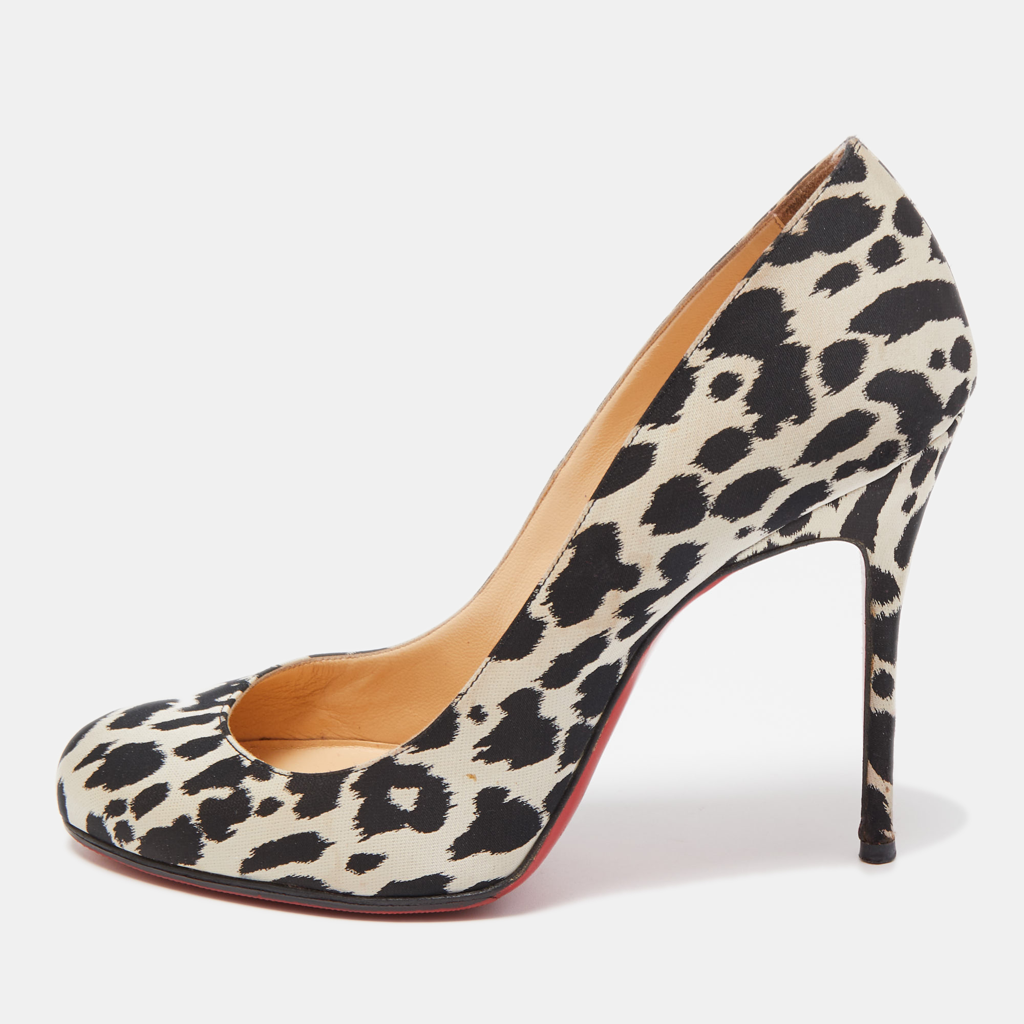 Pre-owned Christian Louboutin Black/white Fabric Leopard Print Simple Pumps Size 38