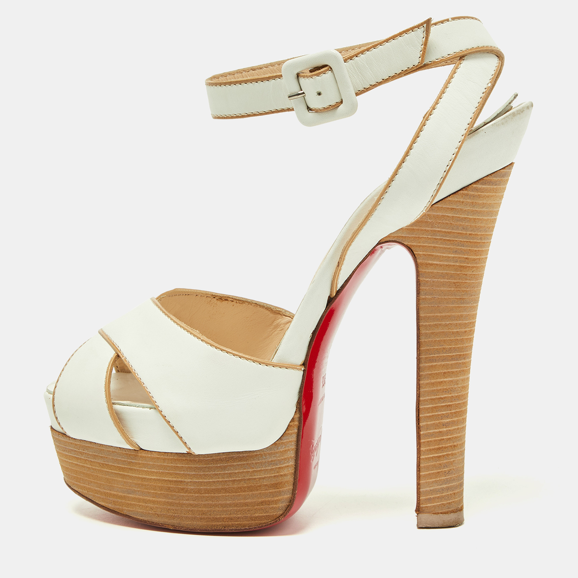 Pre-owned Christian Louboutin White Leather Criss Cross Platform Ankle Strap Sandals Size 36.5