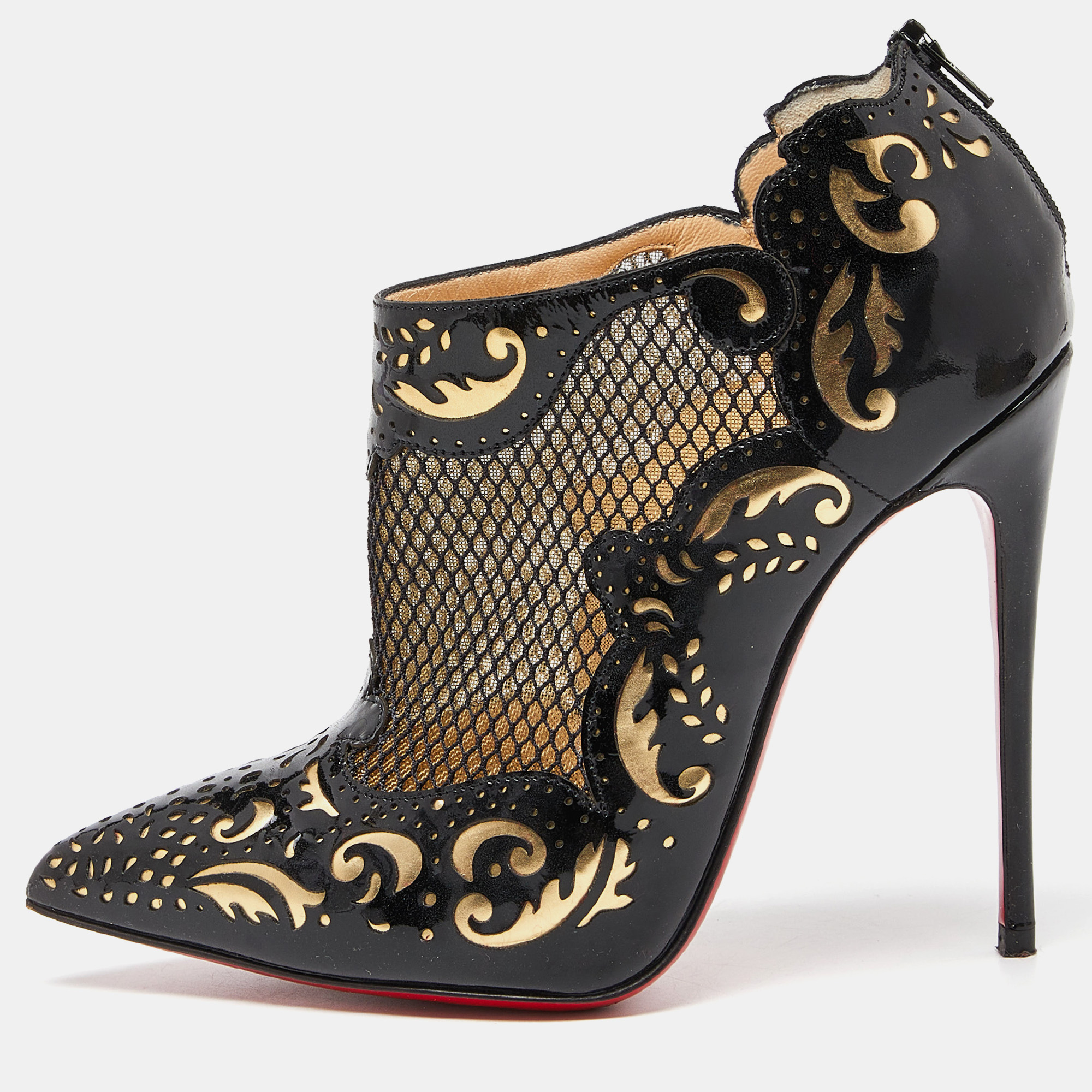 Pre-owned Christian Louboutin Black/gold Laser Cut Patent Leather Mandolina Booties Size 35