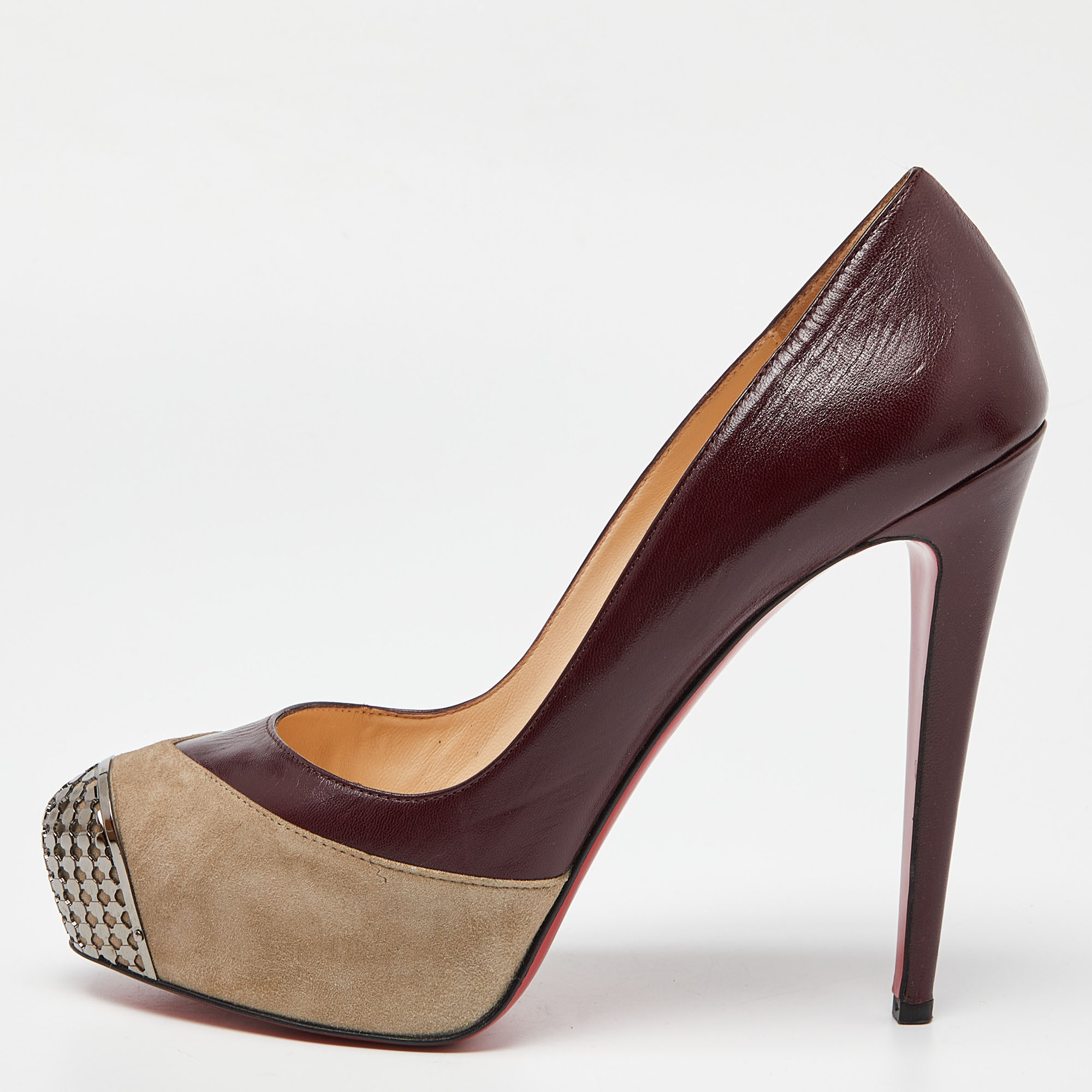 

Christian Louboutin Burgundy/Grey Leather and Suede Maggie Platform Pumps Size