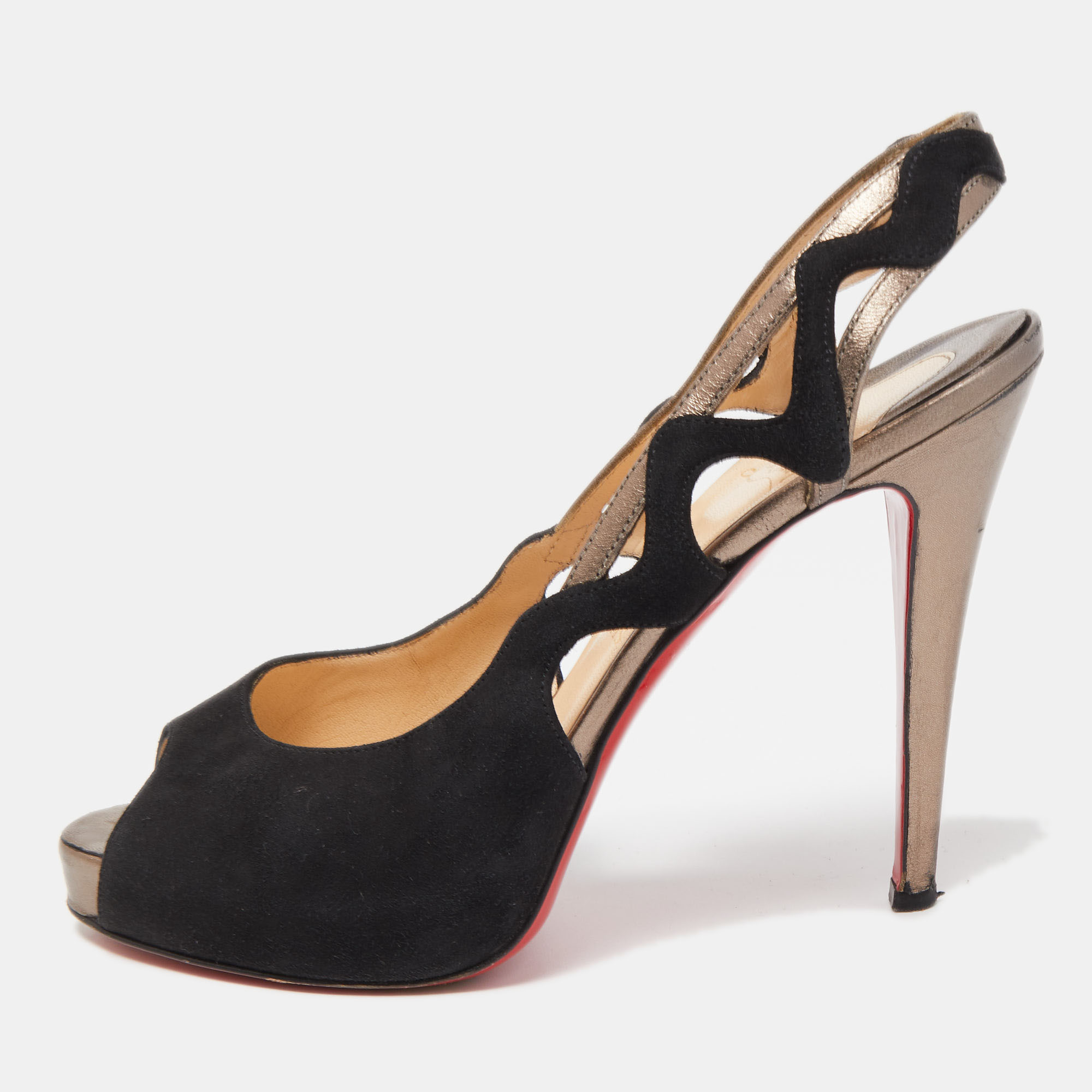 Pre-owned Christian Louboutin Black Suede And Leather Slingback Pumps Size 38.5