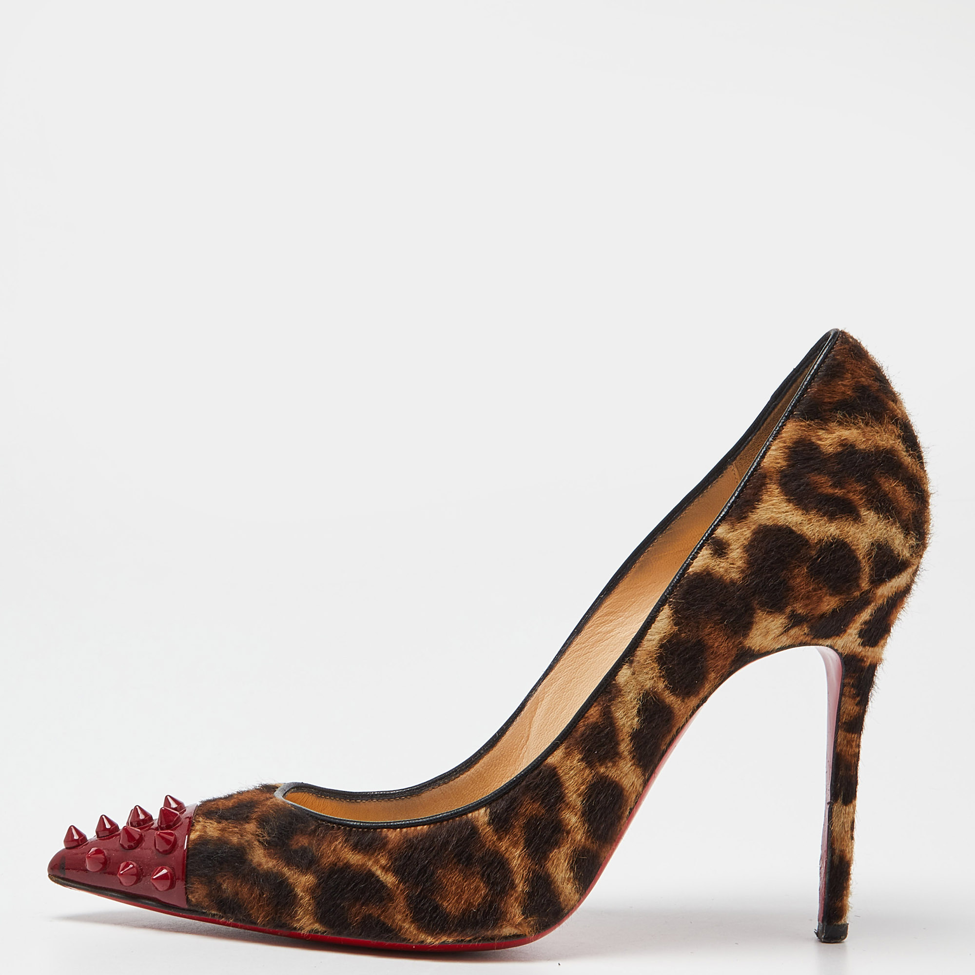 

Christian Louboutin Brown/Red Leopard Print Calfhair Geo Spike Studded Cap Toe Pumps Size