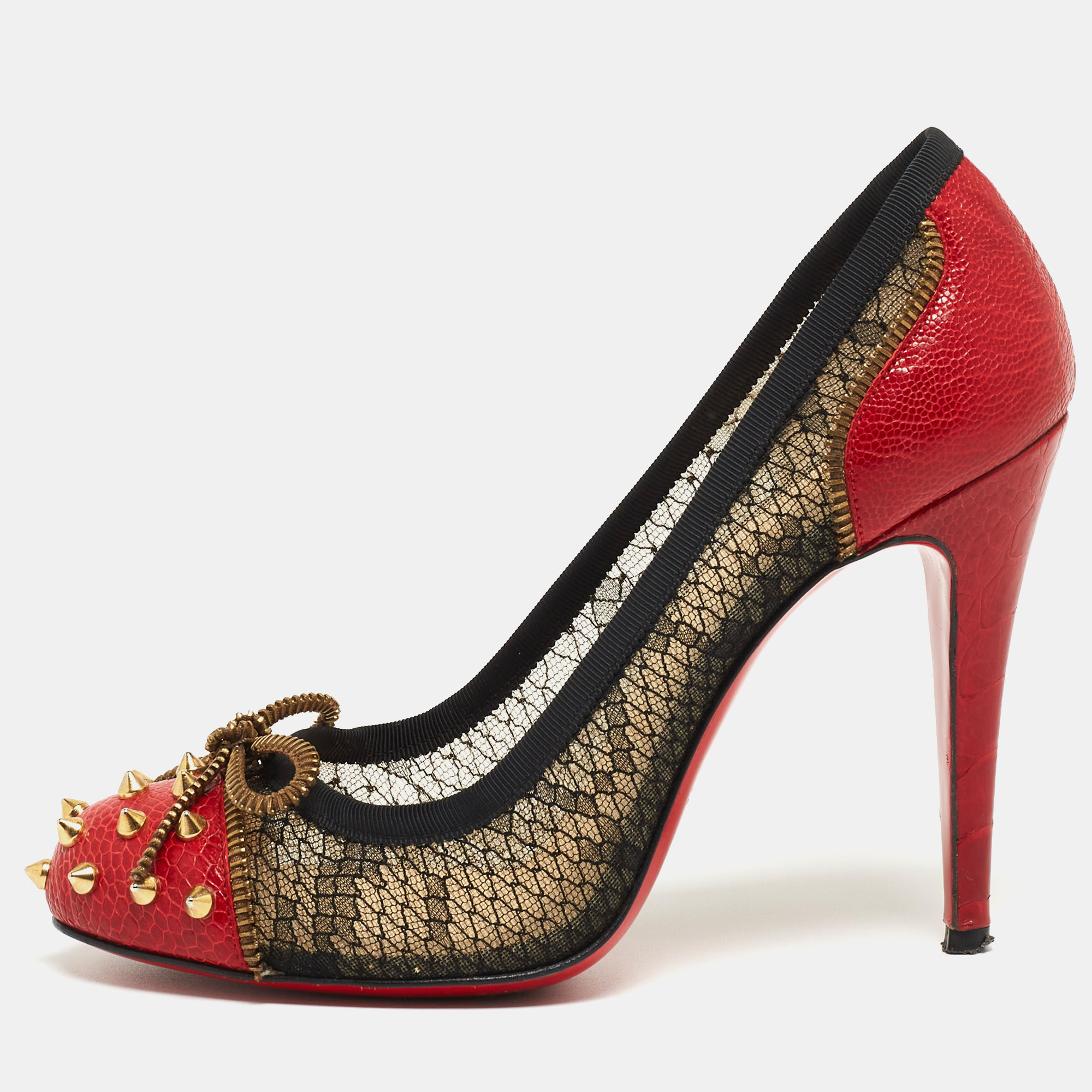 Pre-owned Christian Louboutin Black/red Lace And Ostrich Leather Candy Spike Round Toe Pumps Size 38