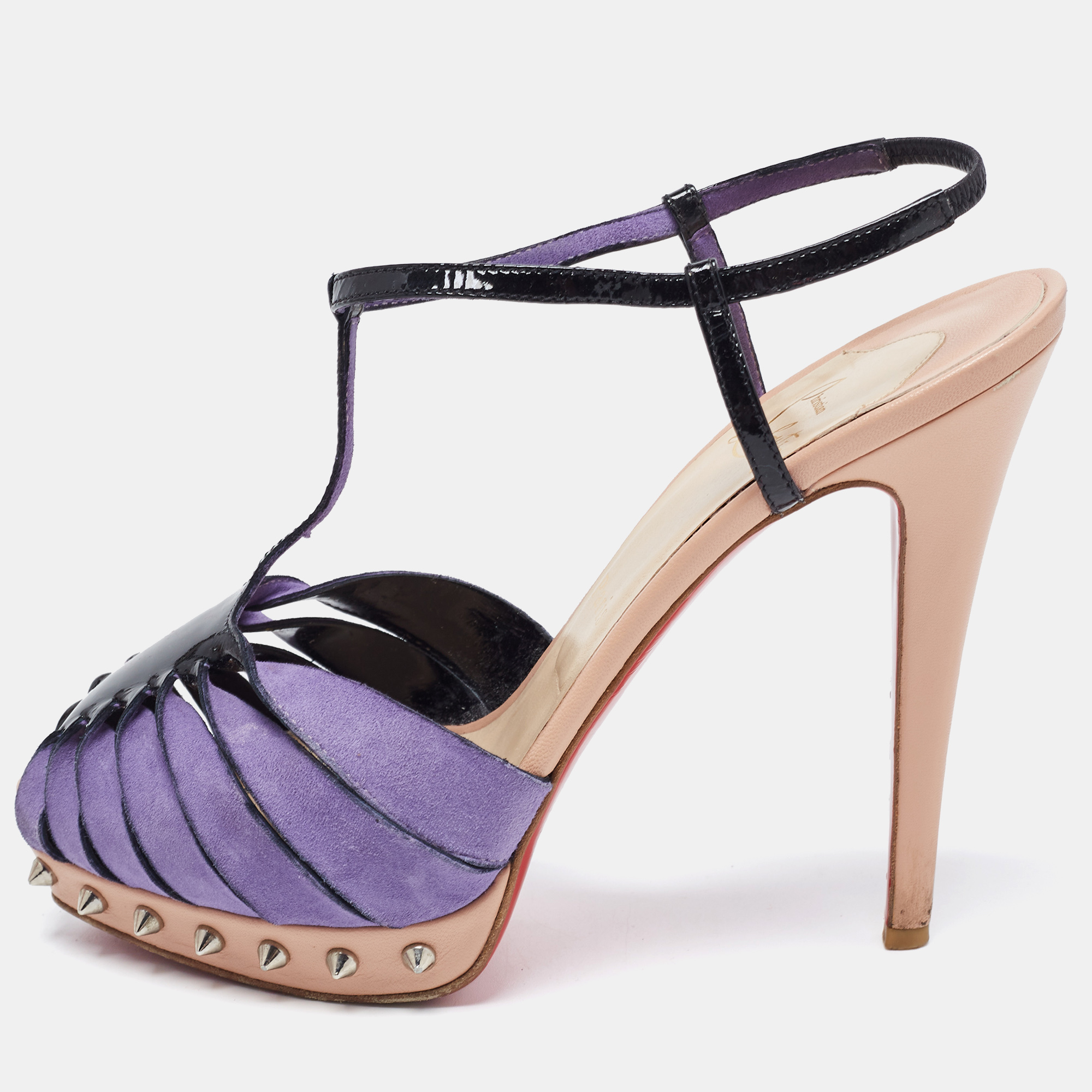 Pre-owned Christian Louboutin Purple/black Suede And Patent Leather Zigounette Spiked Slingback Sandals Size 38.5