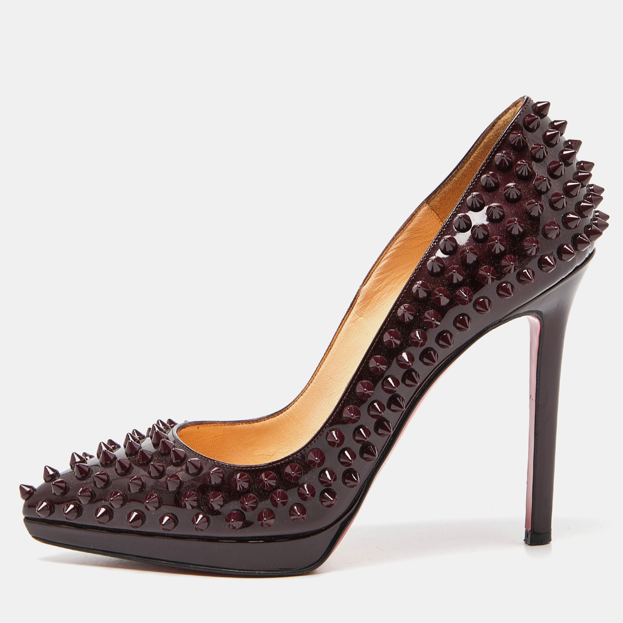 

Christian Louboutin Burgundy Patent Leather Pigalle Spikes Pumps Size