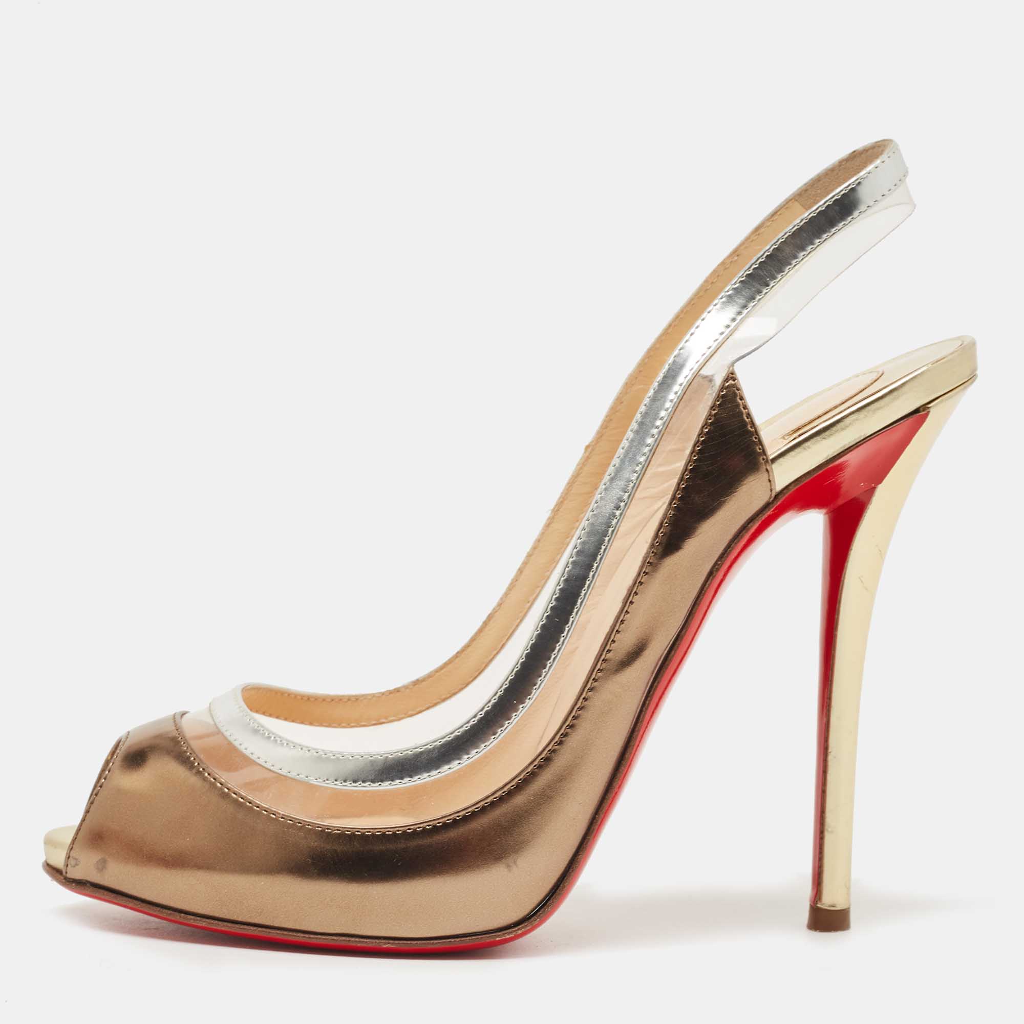 Pre-owned Christian Louboutin Tricolor Leather Paulina Peep Toe Slingback Sandals Size 37 In Brown