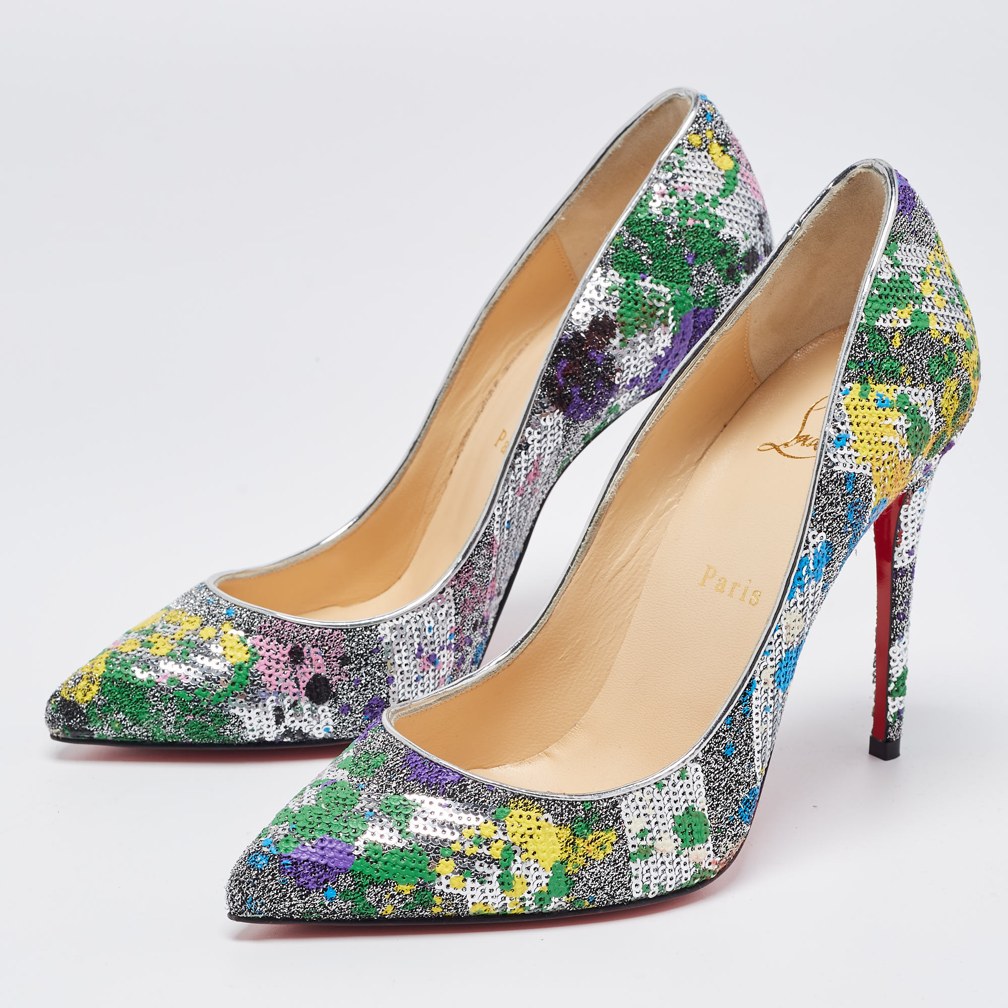 

Christian Louboutin Multicolor Sequins and Brocade Fabric Pigalle Follies Pointed Toe Pumps Size