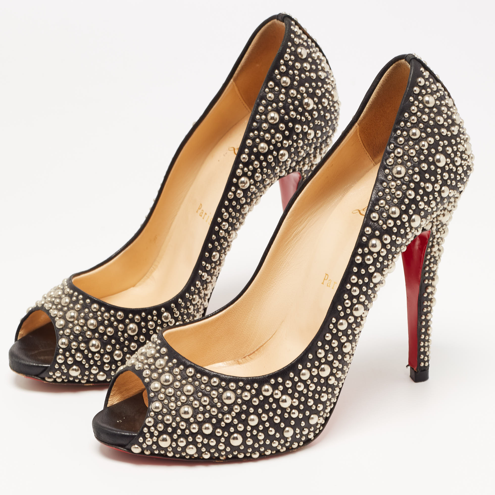 

Christian Louboutin Black Leather Studded Peep Toe Pumps Size