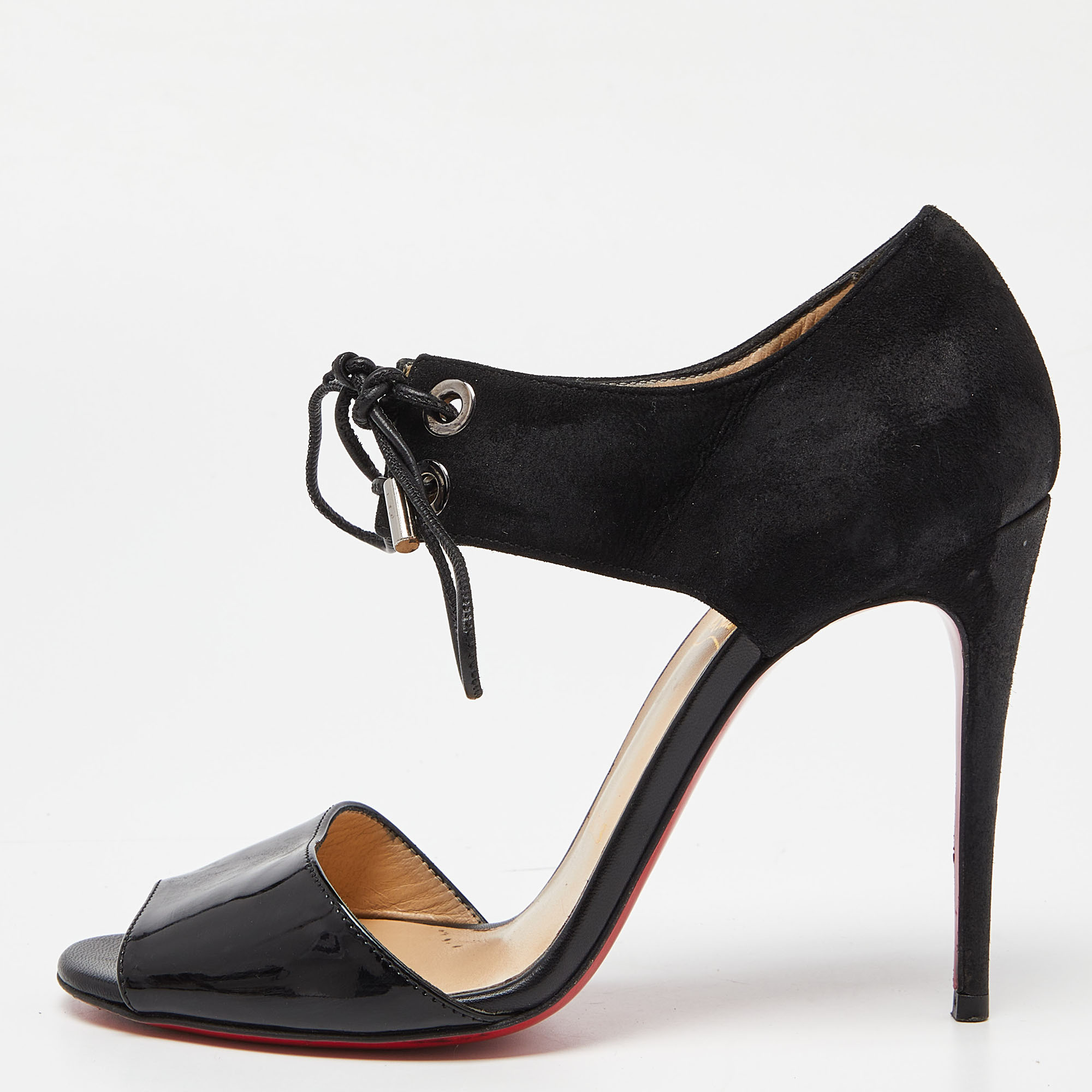 Pre-owned Christian Louboutin Black Suede And Patent Mayerling Lace Up Sandals Size 36.5