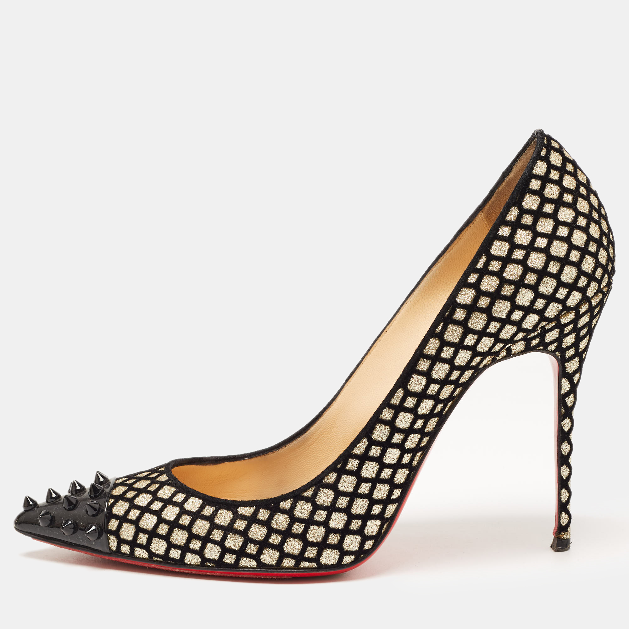 

Christian Louboutin Black/Gold Suede and Glitter Geo Pumps Size