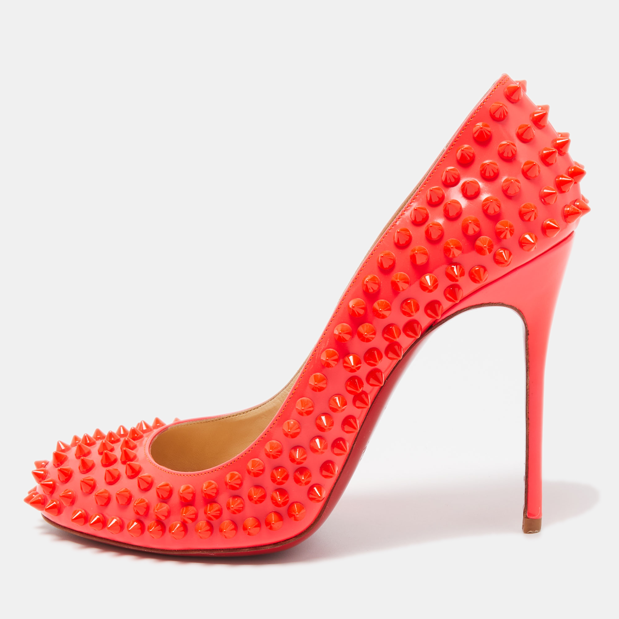 Pre-owned Christian Louboutin Neon Orange Patent Leather Fifi Spikes Pumps Size 39