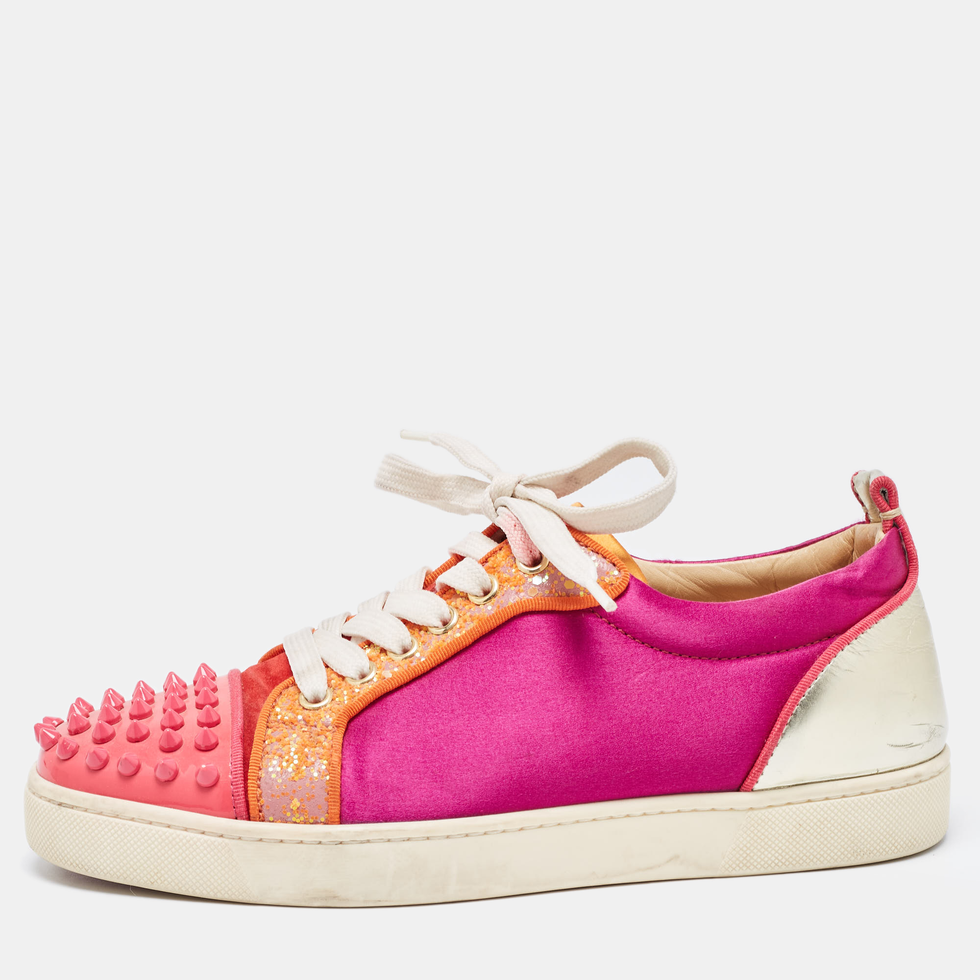 

Christian Louboutin Multicolor Satin And Leather Spikes Low Top Sneakers Size