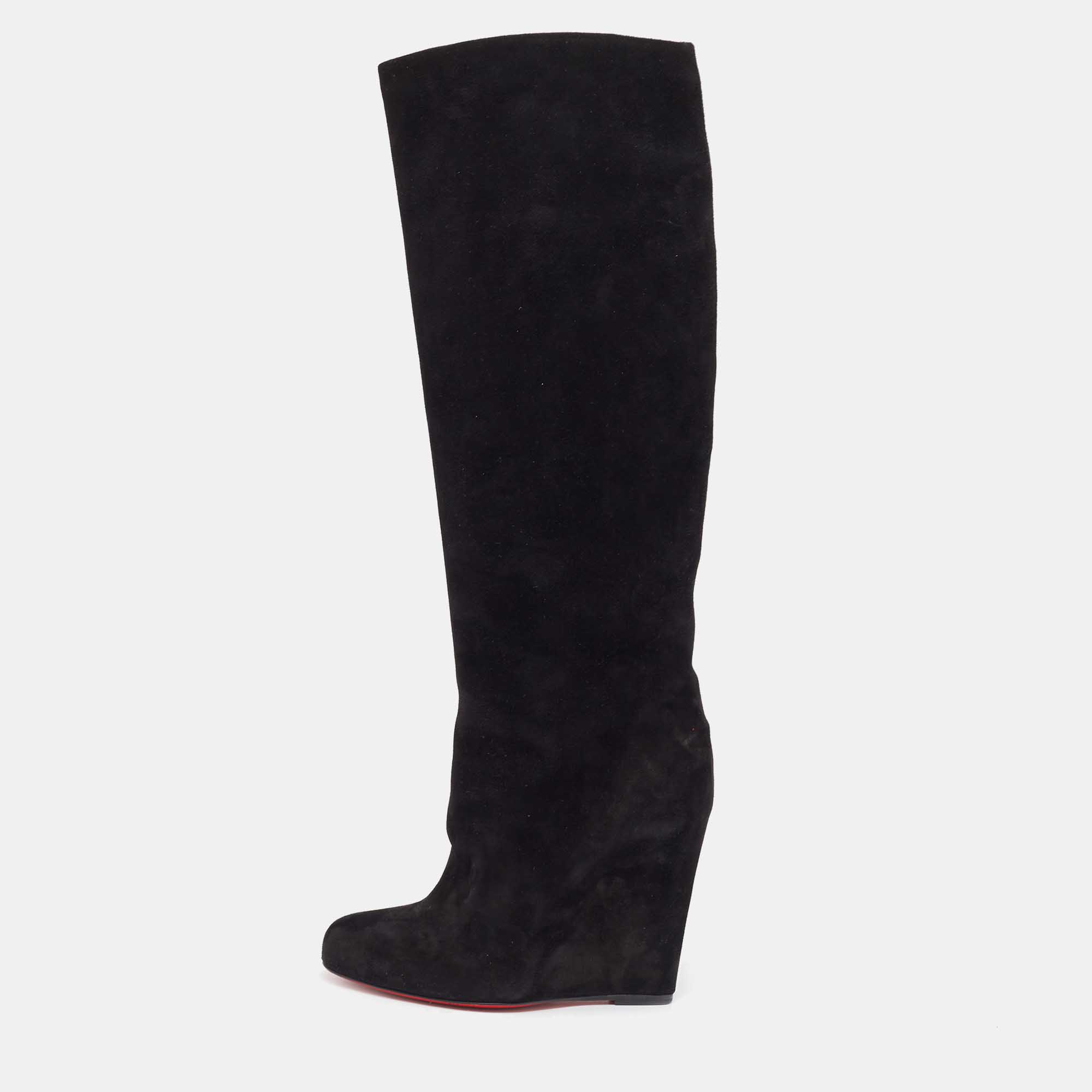 Pre-owned Christian Louboutin Black Suede Melissa Botta Wedge Knee Boots Size 37.5