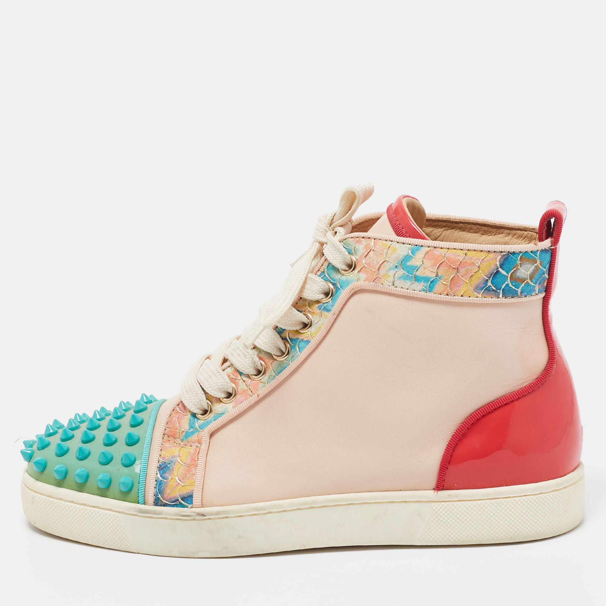 Pre-owned Christian Louboutin Multicolor Patent And Leather Louis Spikes High Top Sneakers Size 36.5