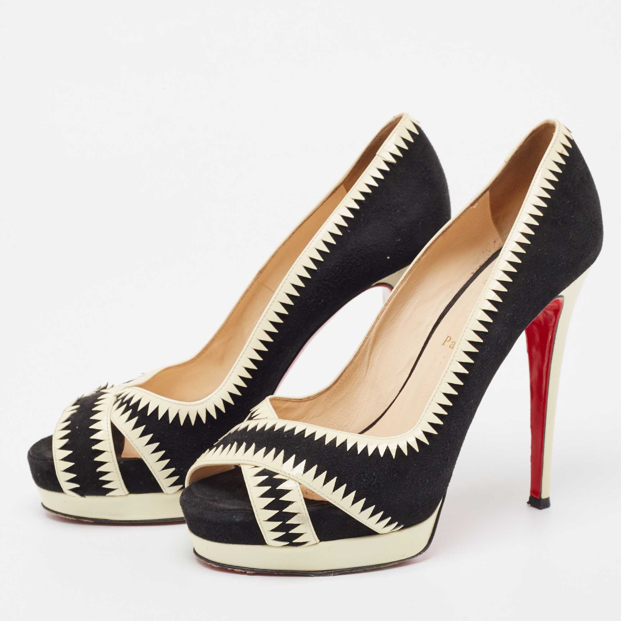 

Christian Louboutin Black/Cream Patent and Suede Peep Toe Pumps Size