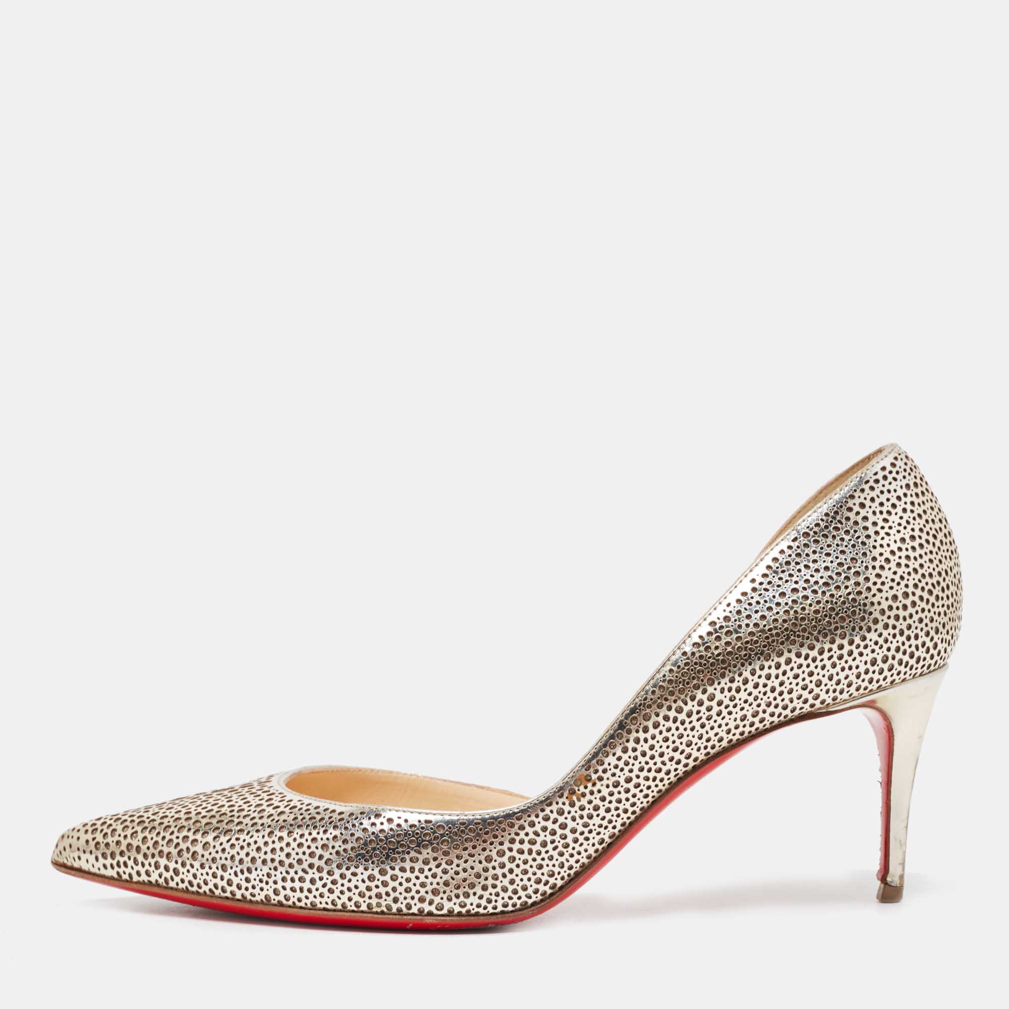 Pre-owned Christian Louboutin Gold Laser Cut Leather And Glitter Galu D'orsay Pumps Size 36