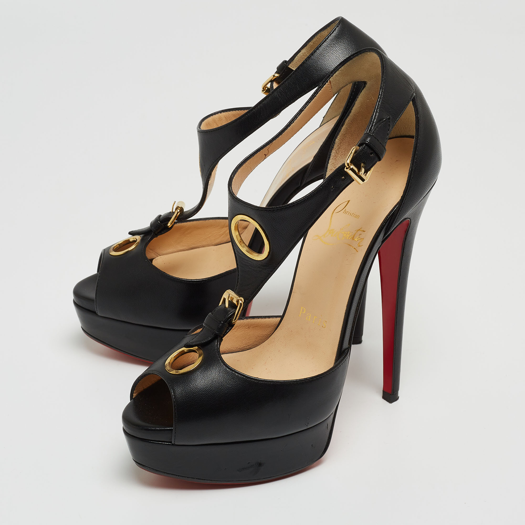 

Christian Louboutin Black Leather T-Bar Peep Toe Platform Sandals Size