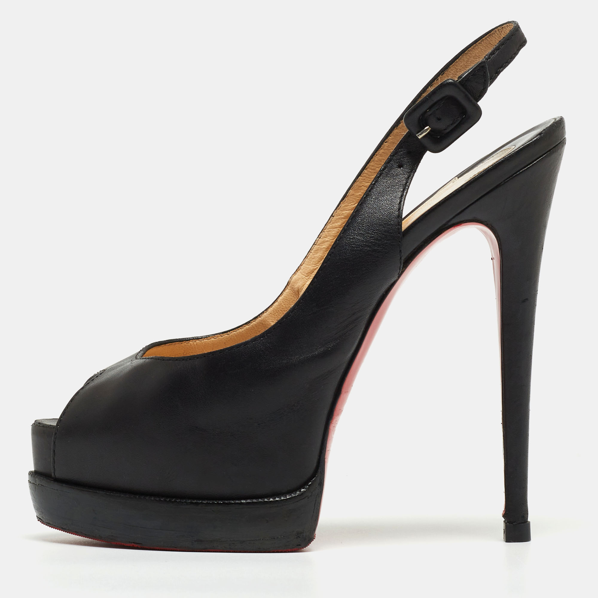 Pre-owned Christian Louboutin Black Leather Palais Royal Slingback Pumps Size 37.5