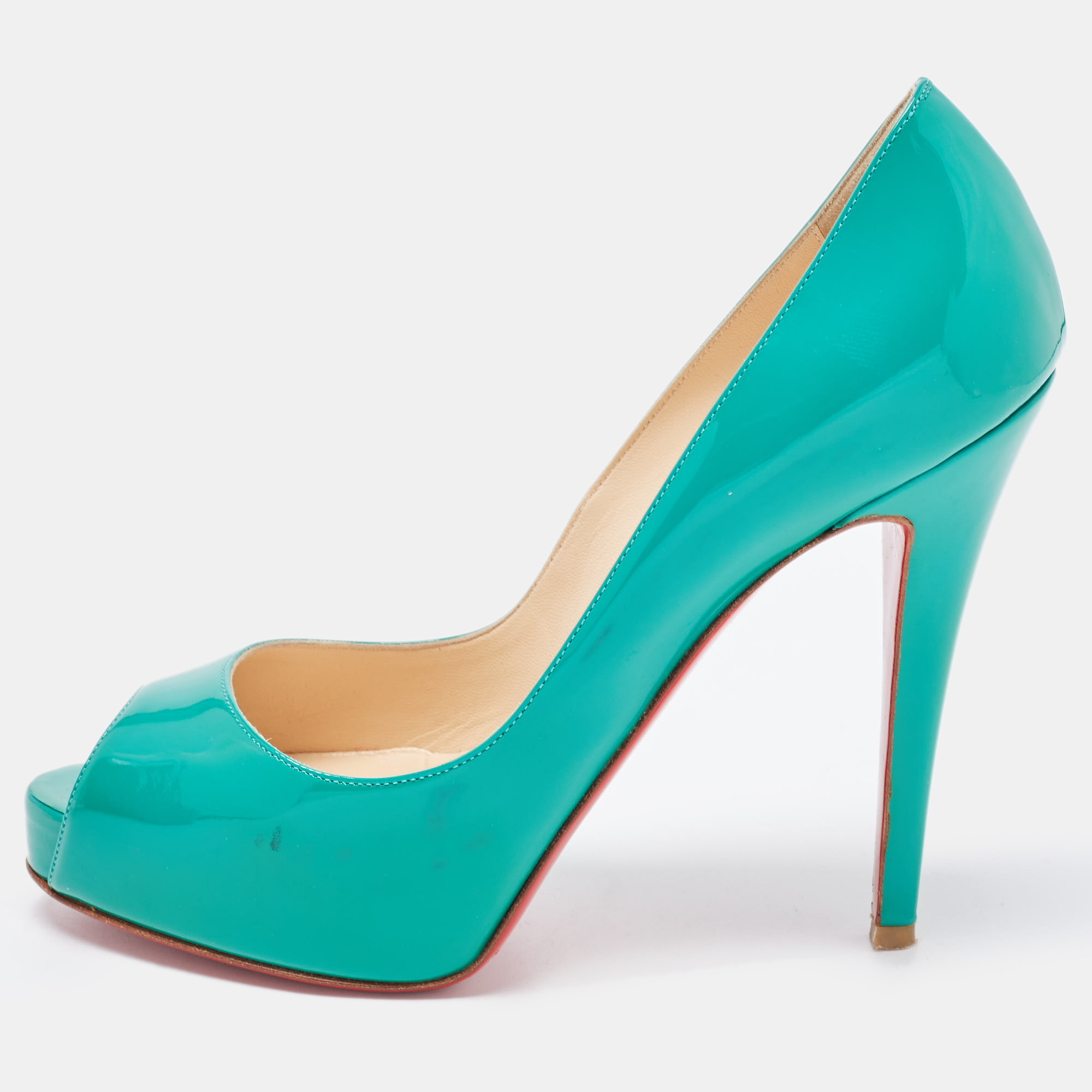 Pre-owned Christian Louboutin Green Patent Leather Lady Peep Pumps Size 36.5