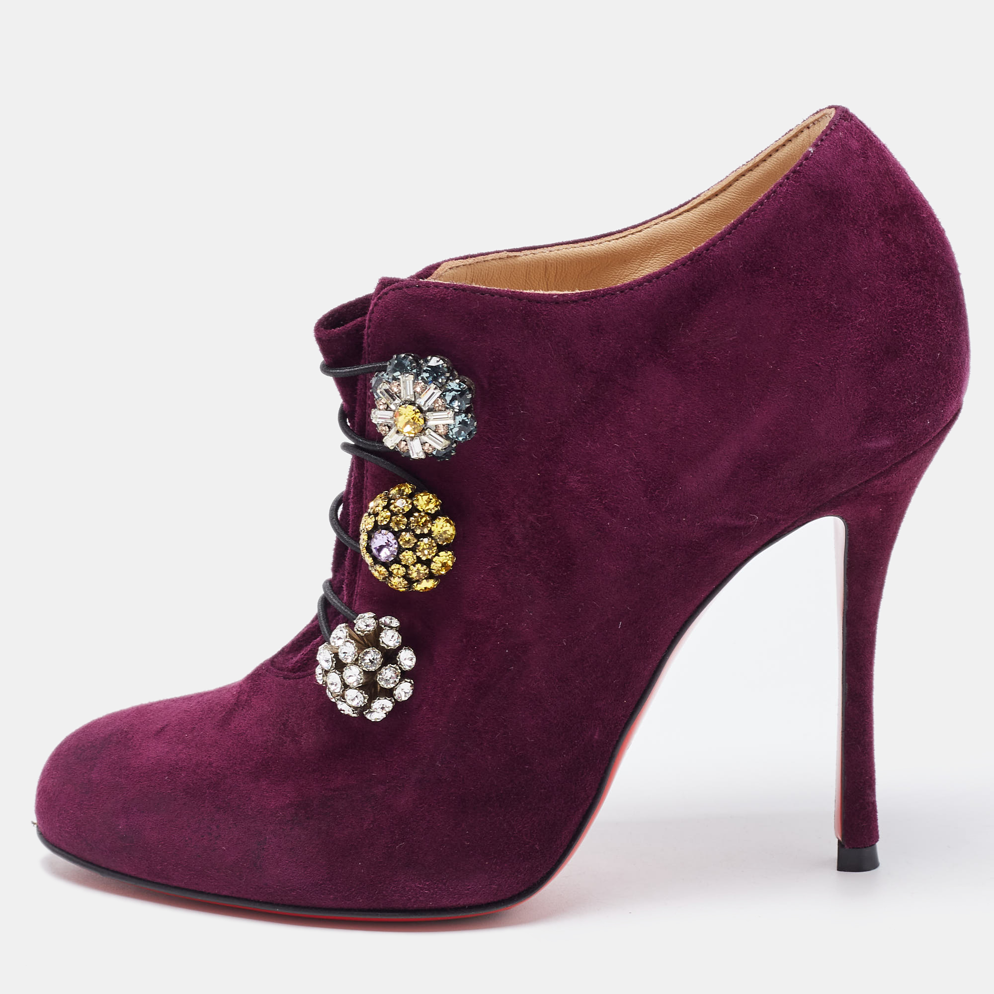 Pre-owned Christian Louboutin Purple Suede Booties Size 35.5