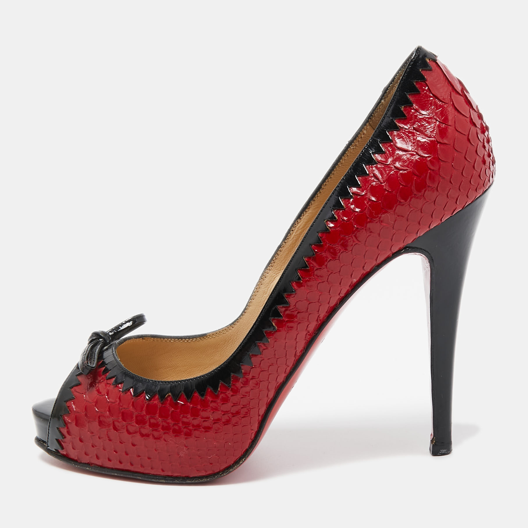 Pre-owned Christian Louboutin Red/black Python Leather Peep Toe Platform Pumps Size 37