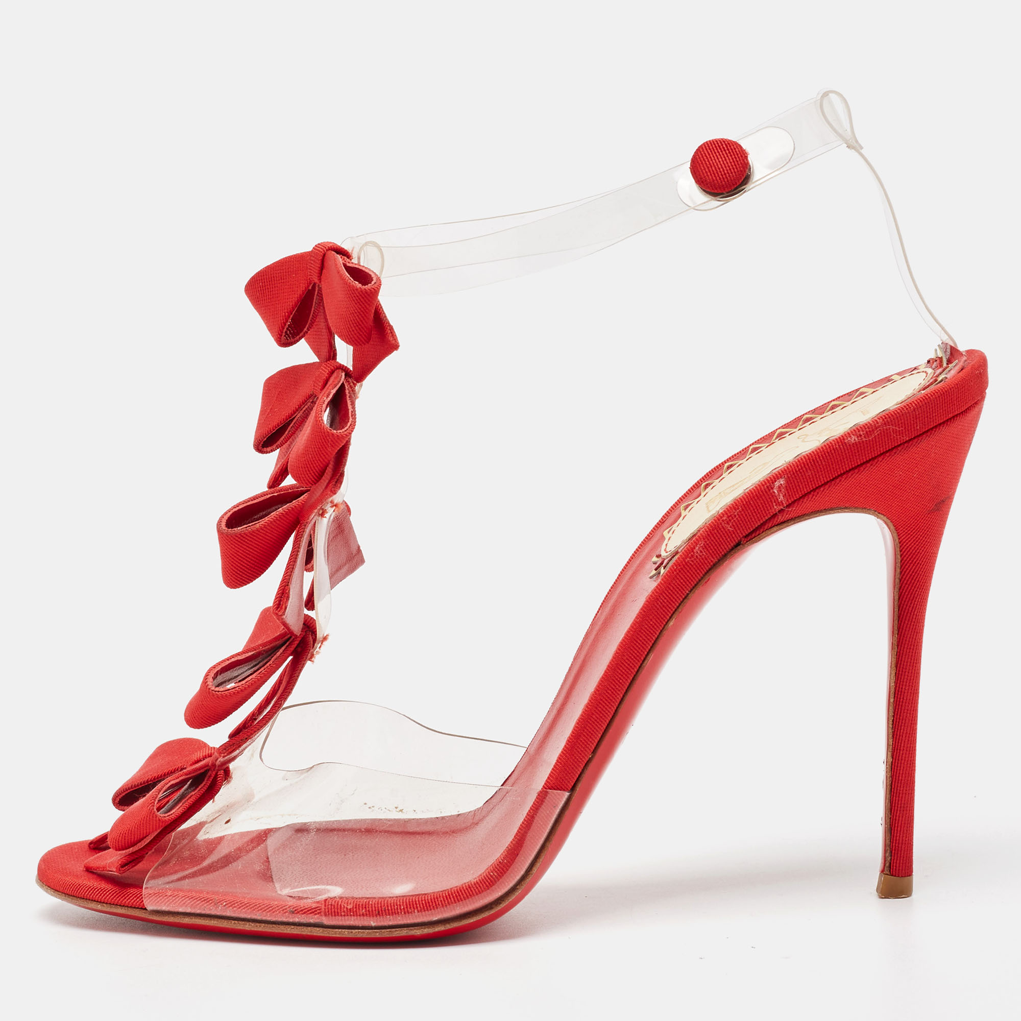 Pre-owned Christian Louboutin Red/transparent Fabric And Pvc Bow Bow Ankle Strap Sandals Size 39