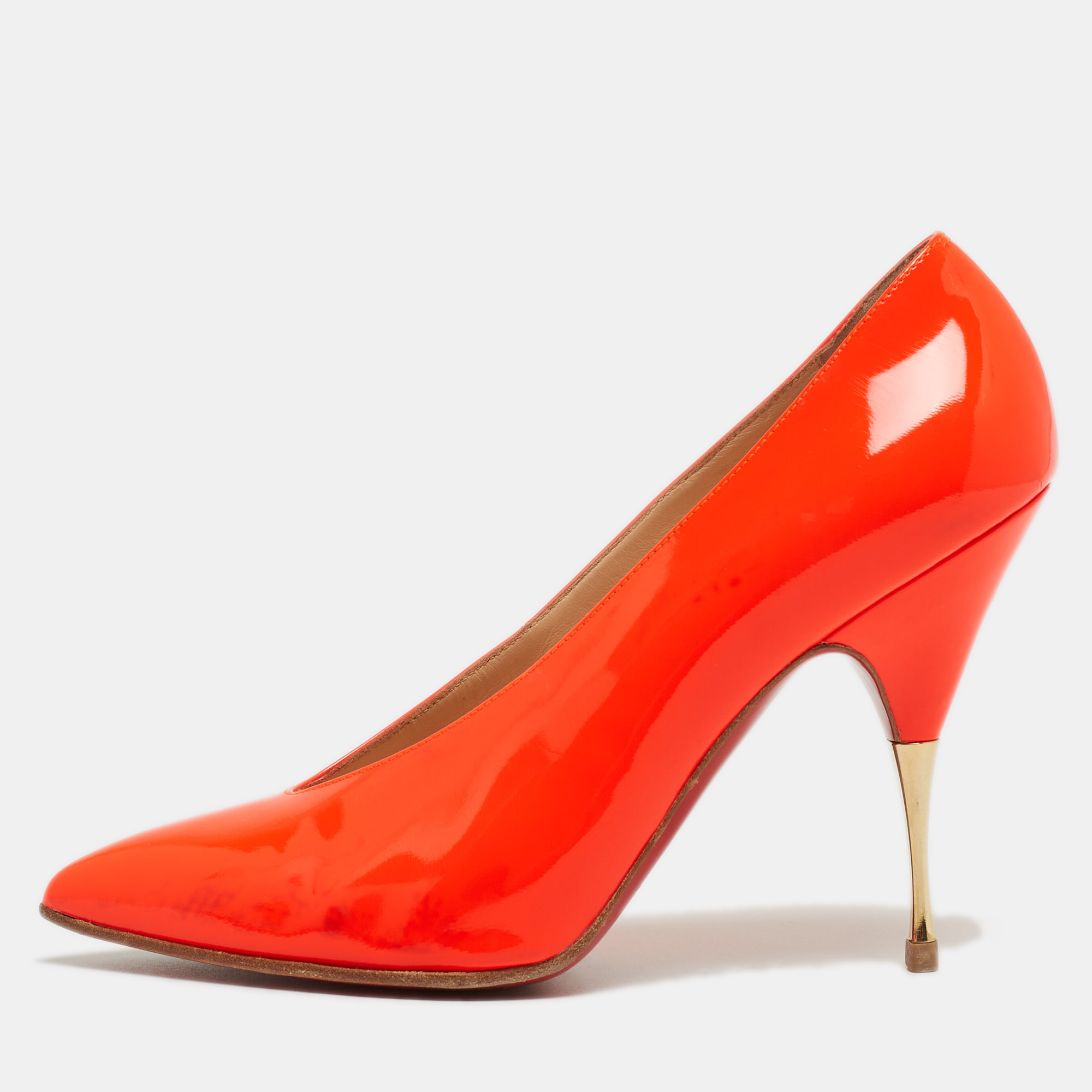 Pre-owned Christian Louboutin Neon Orange Patent Leather Lola Pumps Size 38