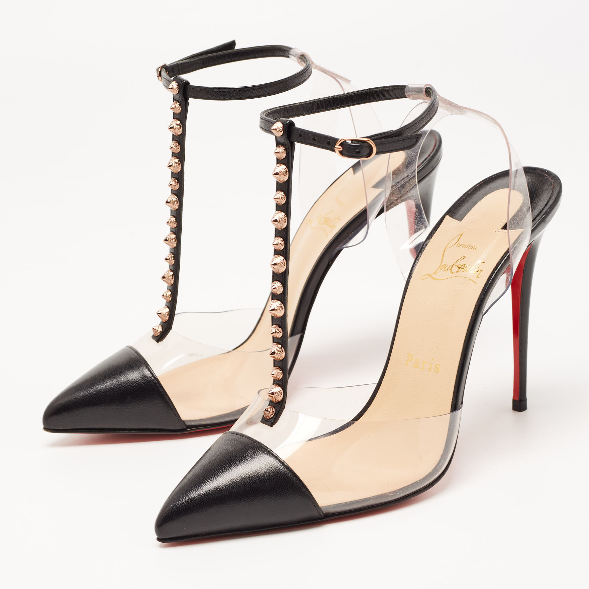 

Christian Louboutin Black Leather and PVC Nosy Spikes Sandals Size