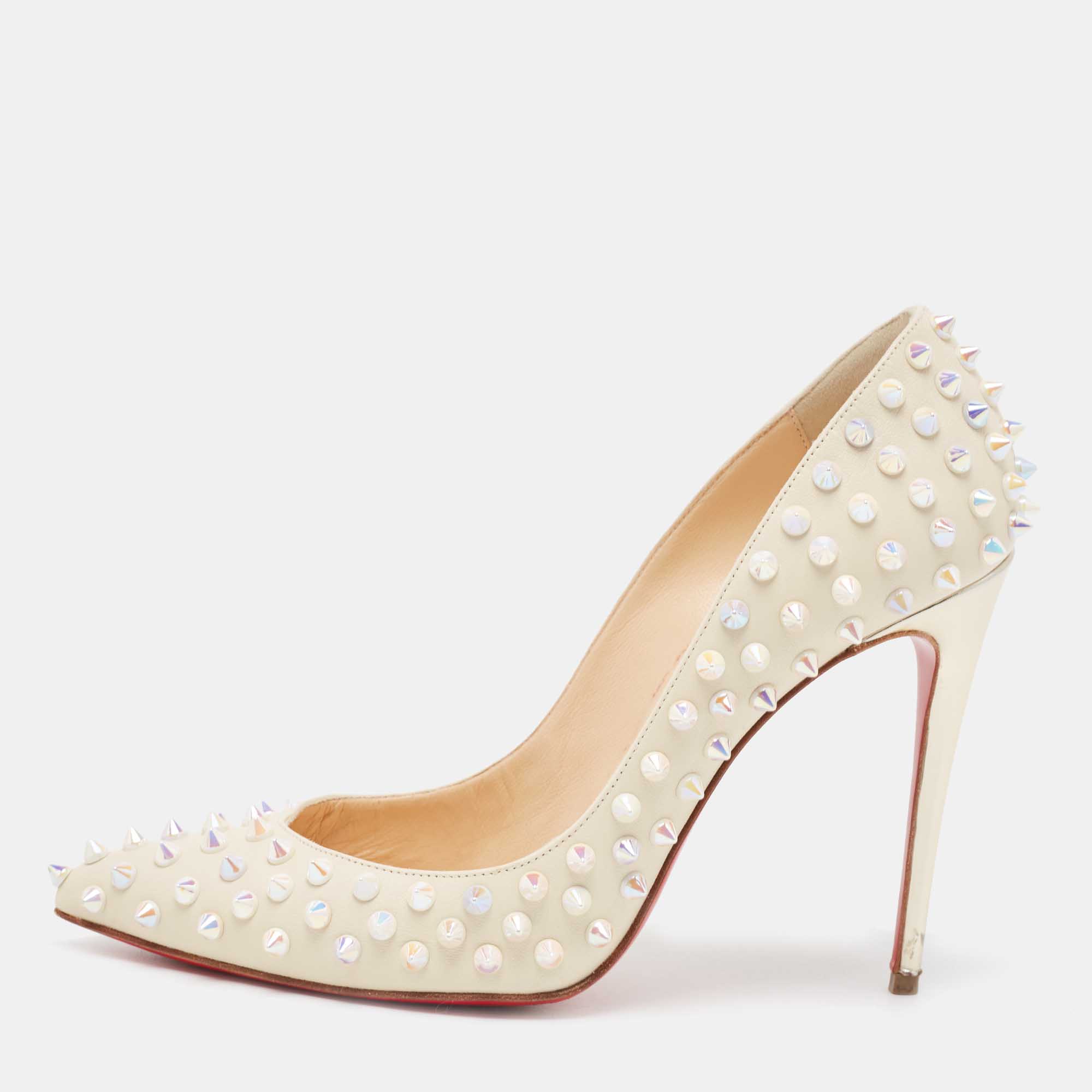Pre-owned Christian Louboutin Cream Leather Follies Spikes Pointed Toe Pumps Size 38