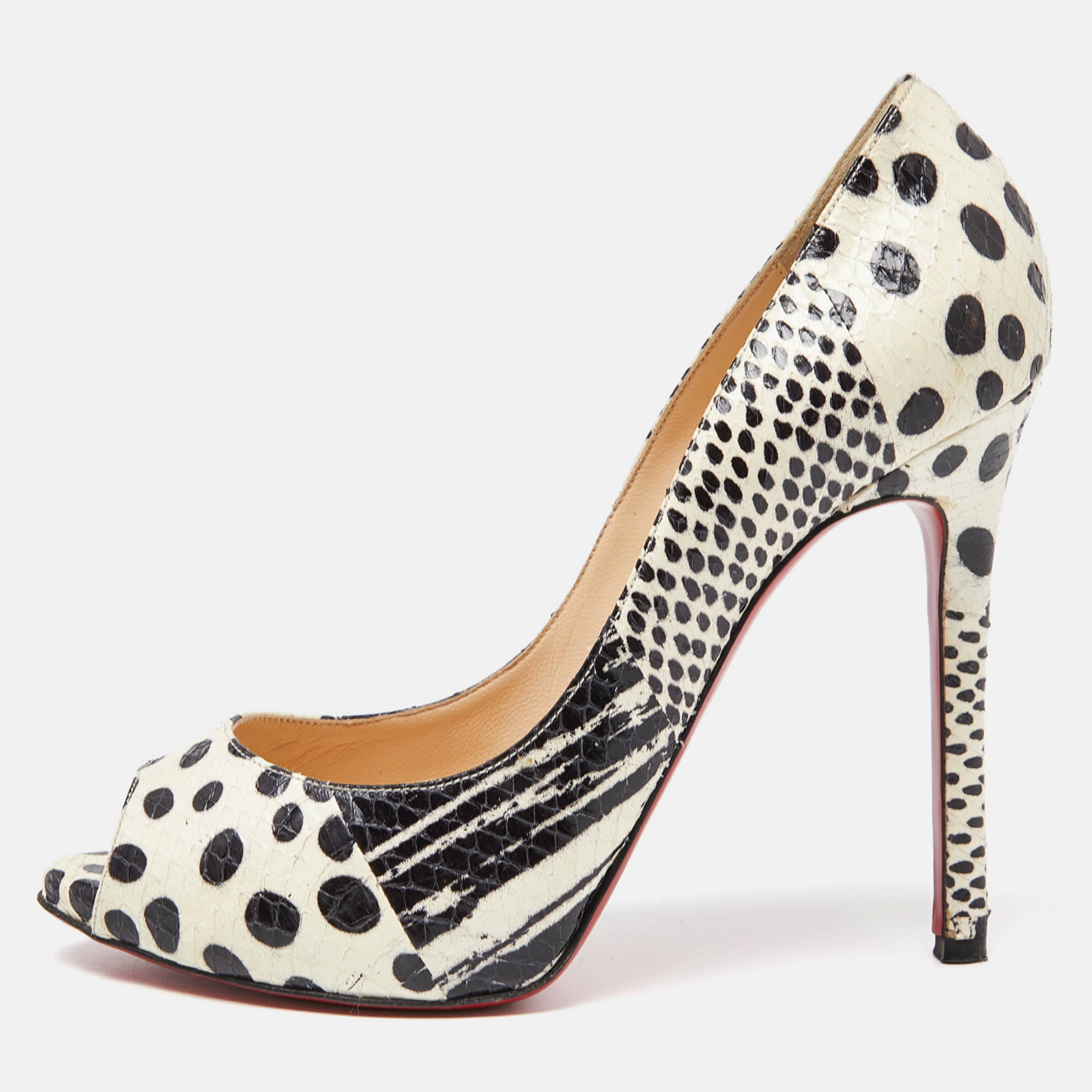 Pre-owned Christian Louboutin Black/white Watersnake Printed Flo Pumps Size 37.5