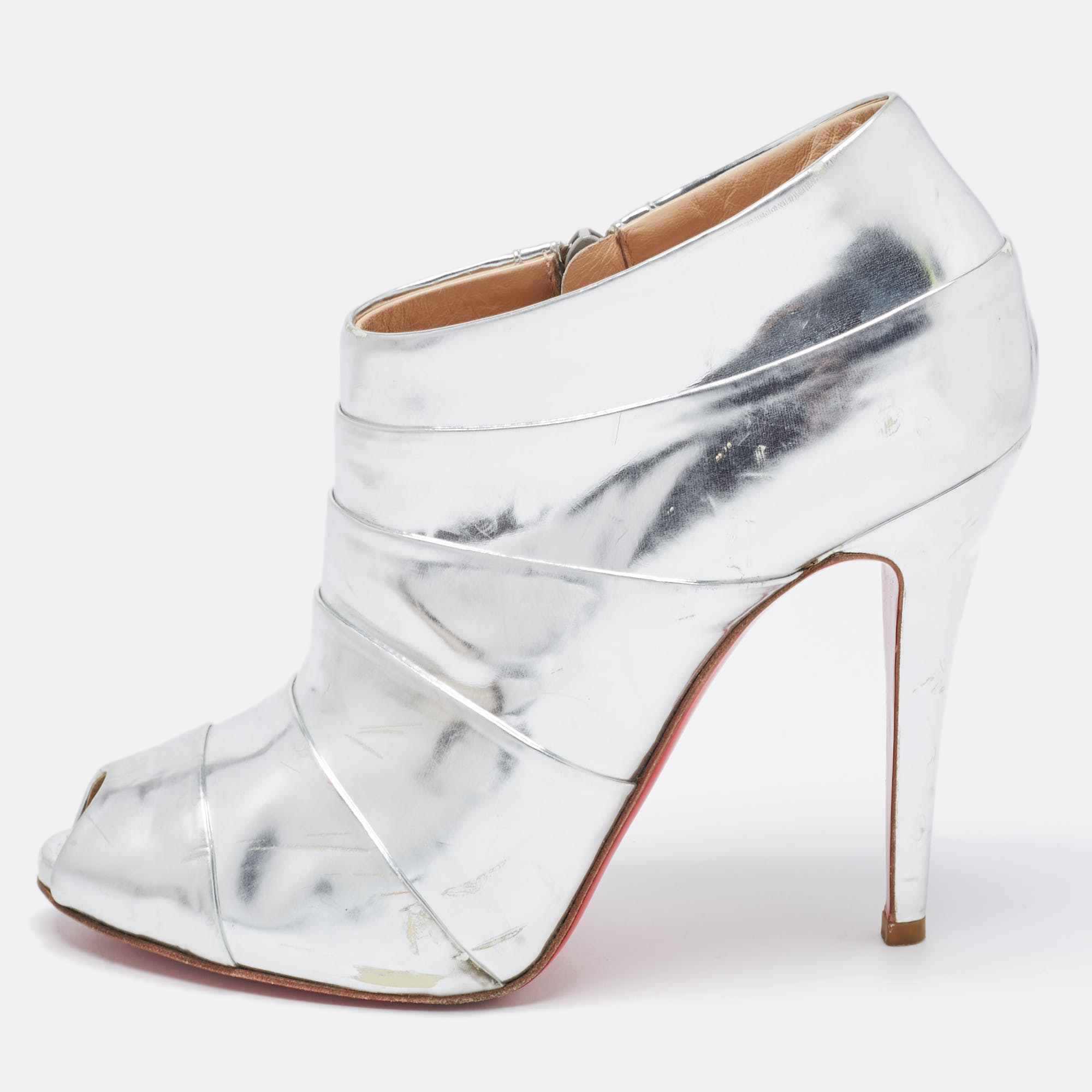 Pre-owned Christian Louboutin Silver Leather Booties Size 39