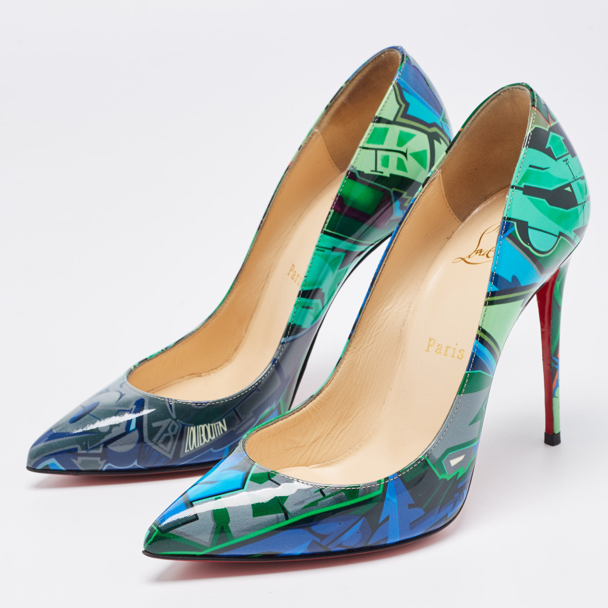 

Christian Louboutin Green/Blue Printed Patent Leather Pigalle Follies Pumps Size