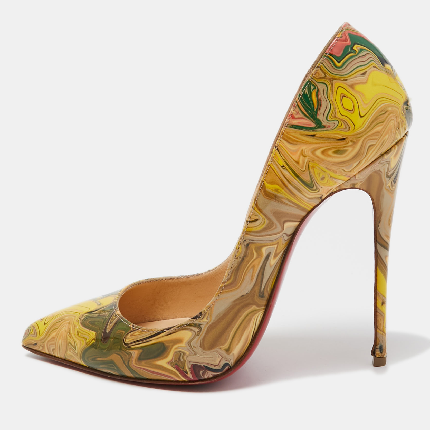 Pre-owned Christian Louboutin Multicolor Marble Print Patent Leather Pigalle Follies Pumps Size 37.5