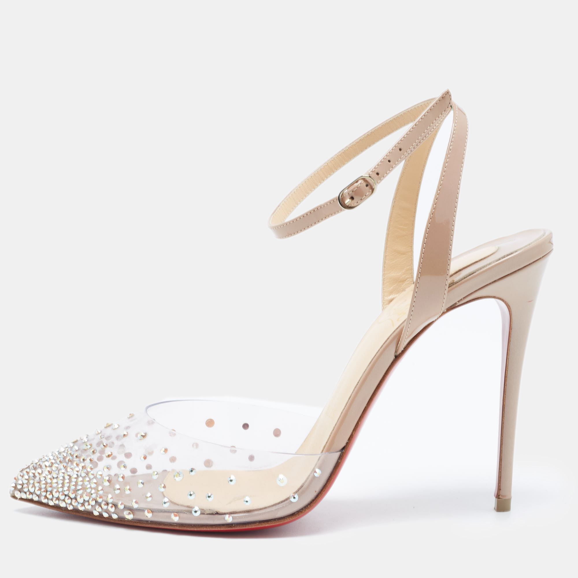 

Christian Louboutin Beige Patent Leather and PVC Spikaqueen Ankle Strap Pumps Size