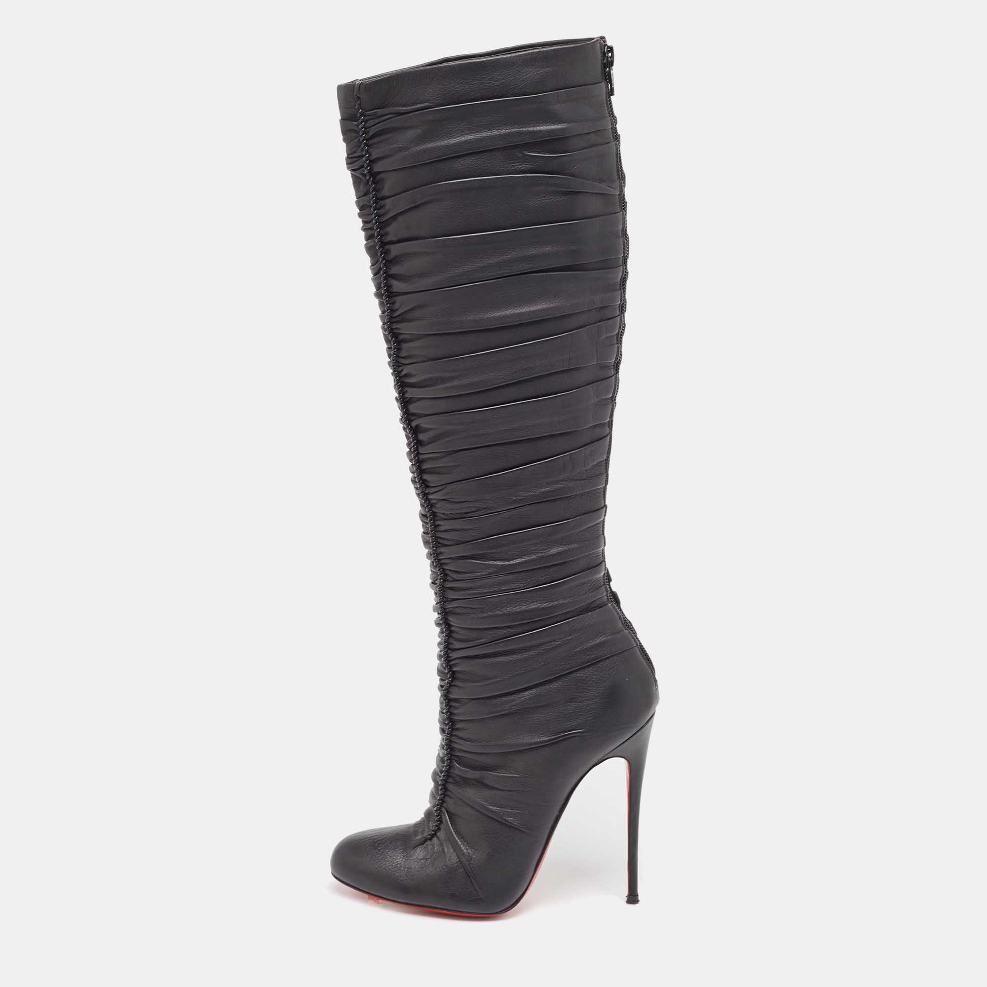 Pre-owned Christian Louboutin Black Leather Mervillon Knee Boots Size 37