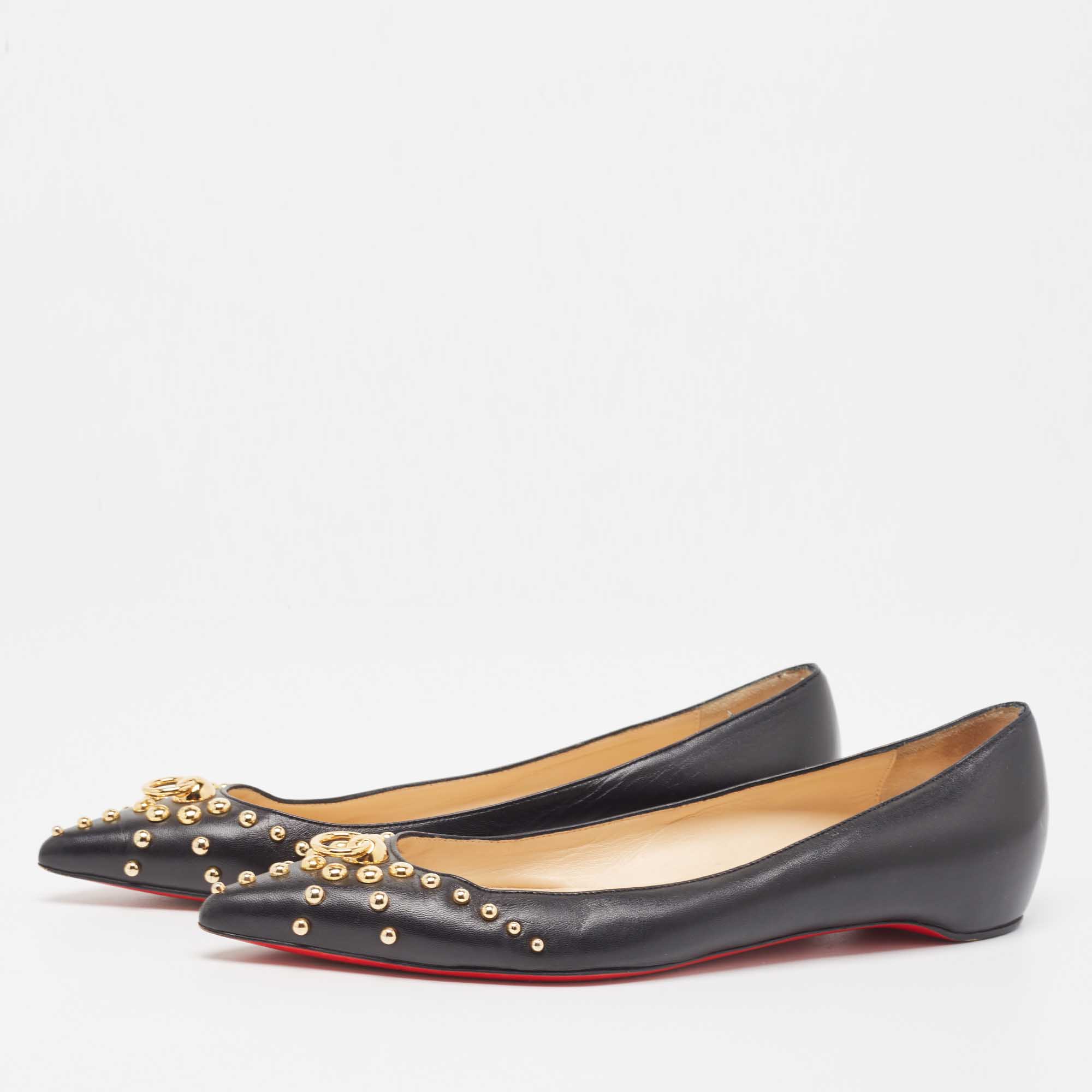 

Christian Louboutin Black Leather Door Knock Studded Ballet Flats Size