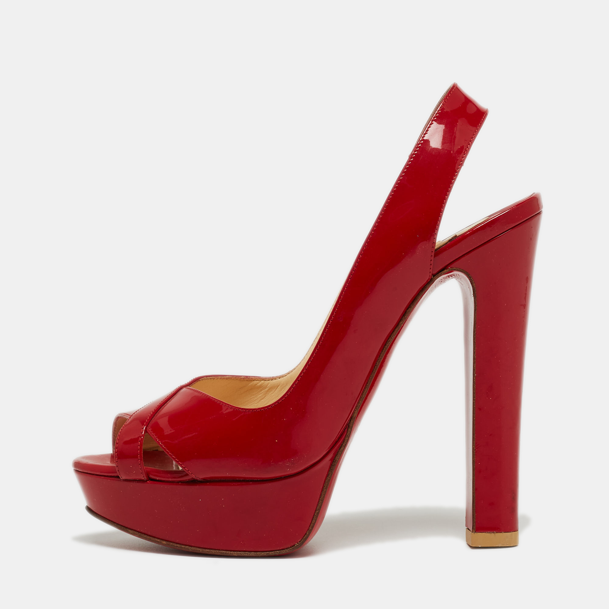 Pre-owned Christian Louboutin Red Patent Leather Marpoil Peep Toe Platform Slingback Sandals Size 37.5