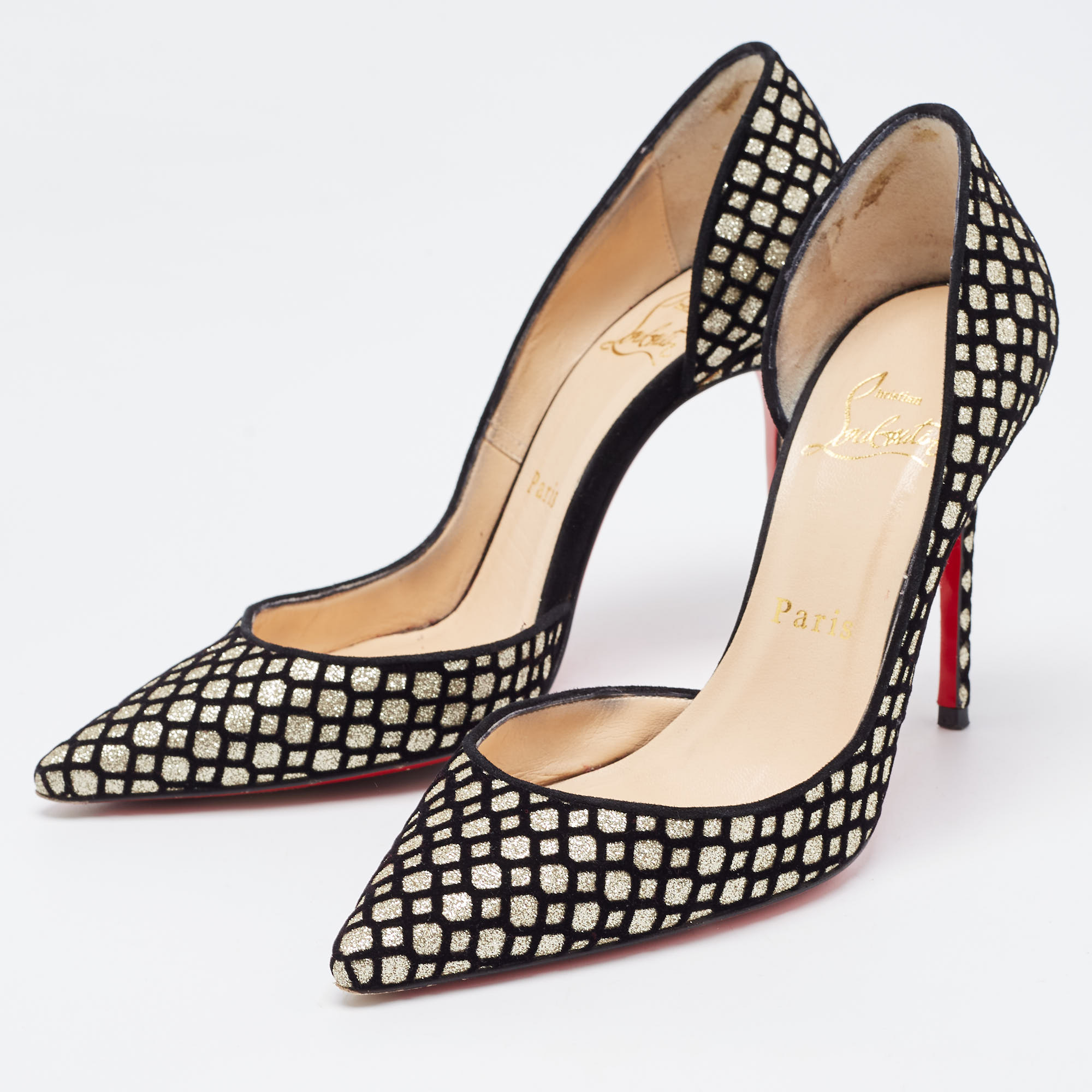 

Christian Louboutin Black/Gold Velvet and Glitter Iriza Pumps Size