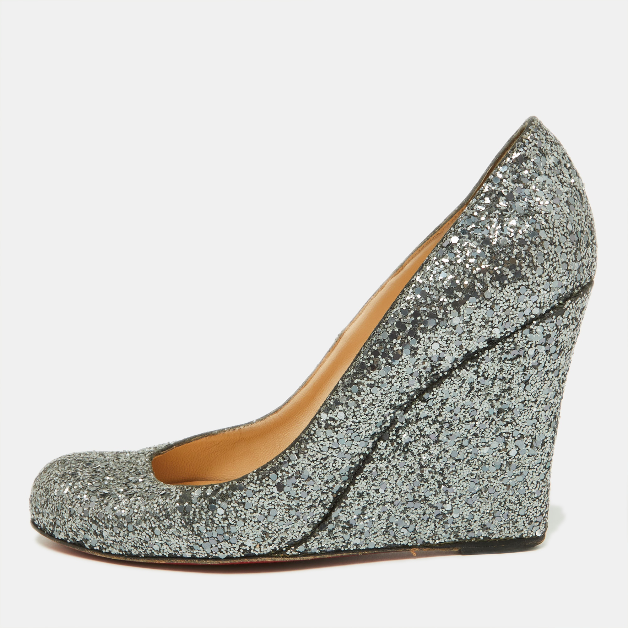 Pre-owned Christian Louboutin Metallic Grey Coarse Glitter Miss Boxe Wedge Pumps Size 38